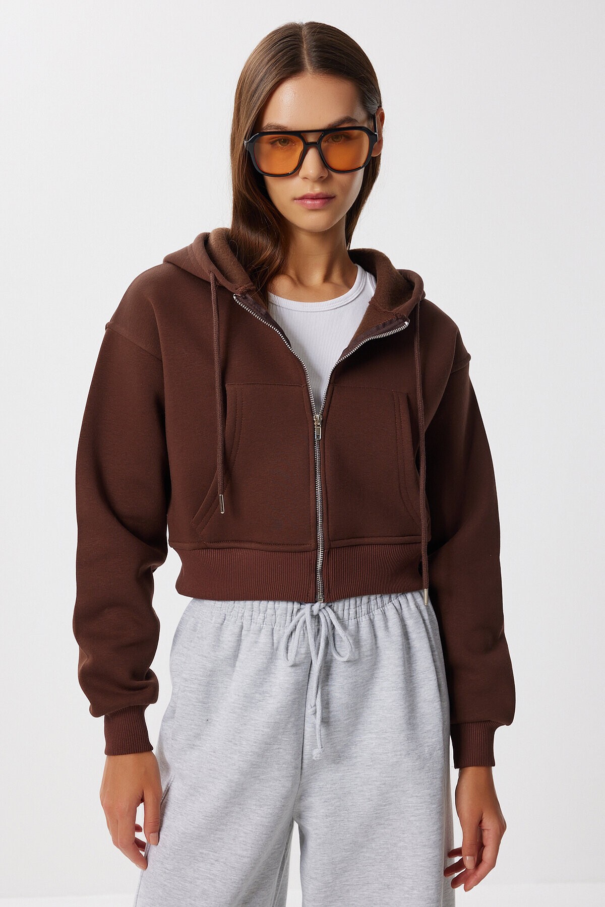 Kapüşonlu Fermuarlı Şardonlu Örme Sweatshirt KAHVERENGİ LPX0004