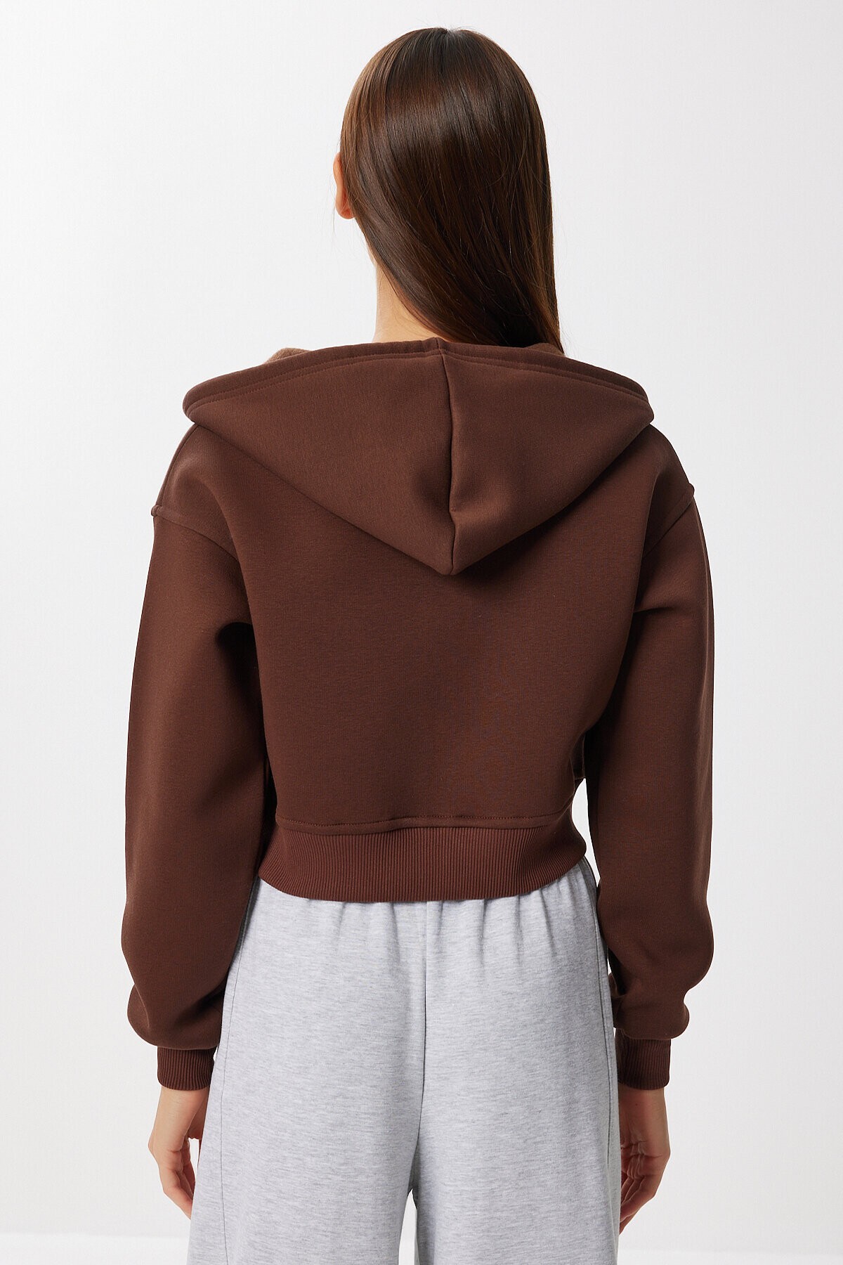 Kapüşonlu Fermuarlı Şardonlu Örme Sweatshirt KAHVERENGİ LPX0004