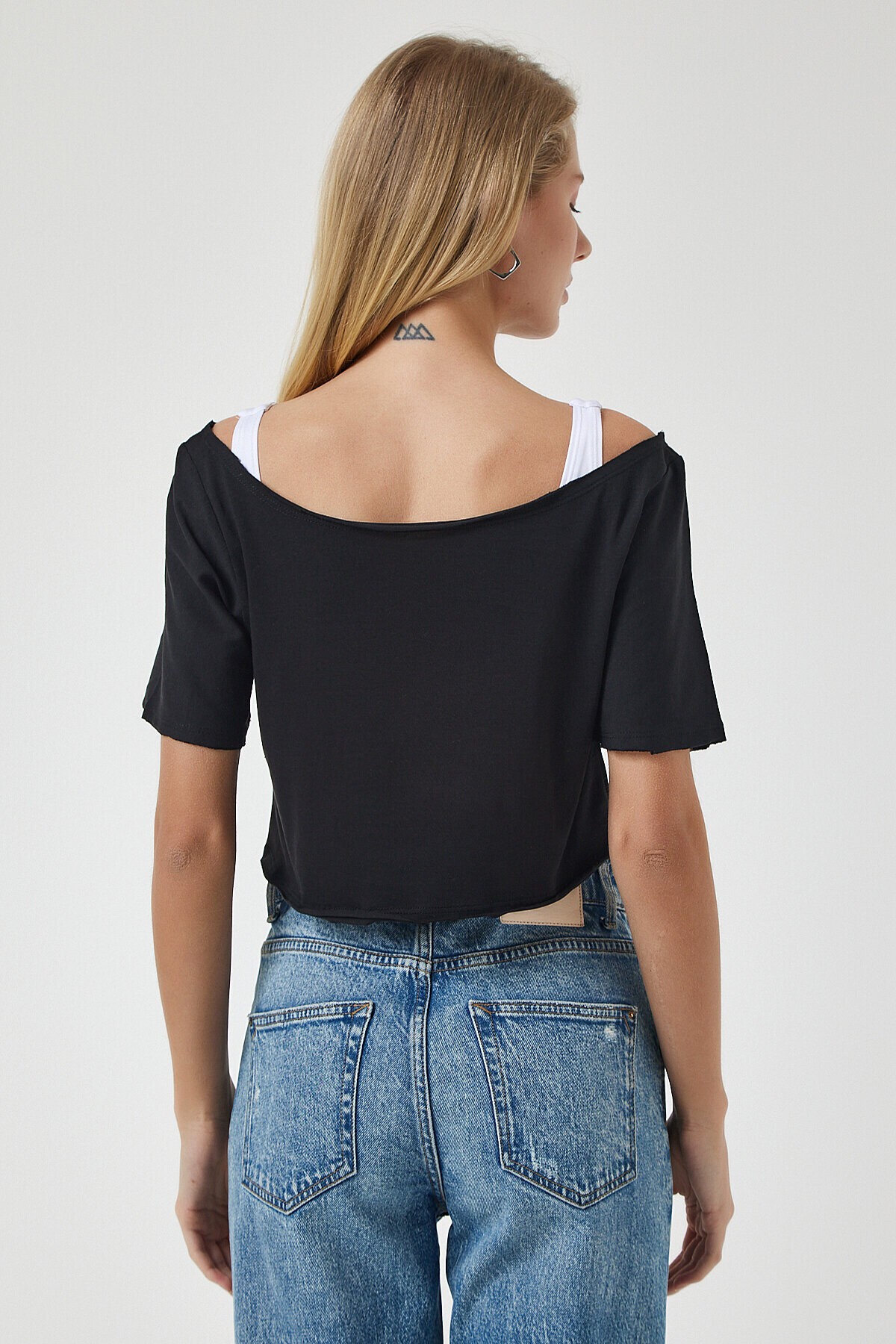 Kayık Yaka Basic Crop 2li Paket Örme T-shirt SİYAH GRİ MELANJ LOW0016