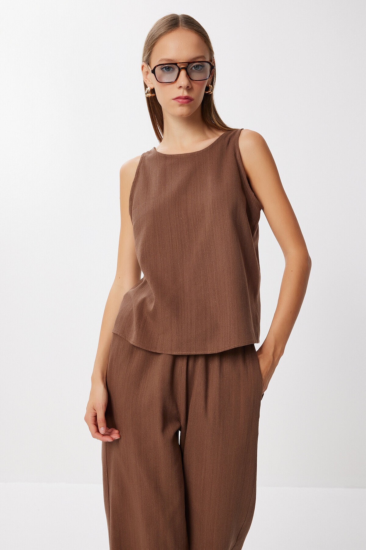 Keten Bluz Pantolon Takım KAKAO LMC0062