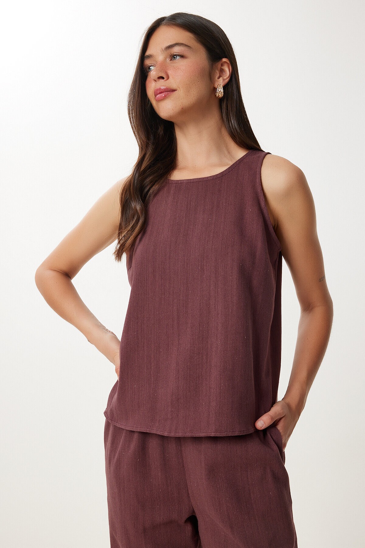 Keten Bluz Pantolon Takım MÜRDÜM LMC0062