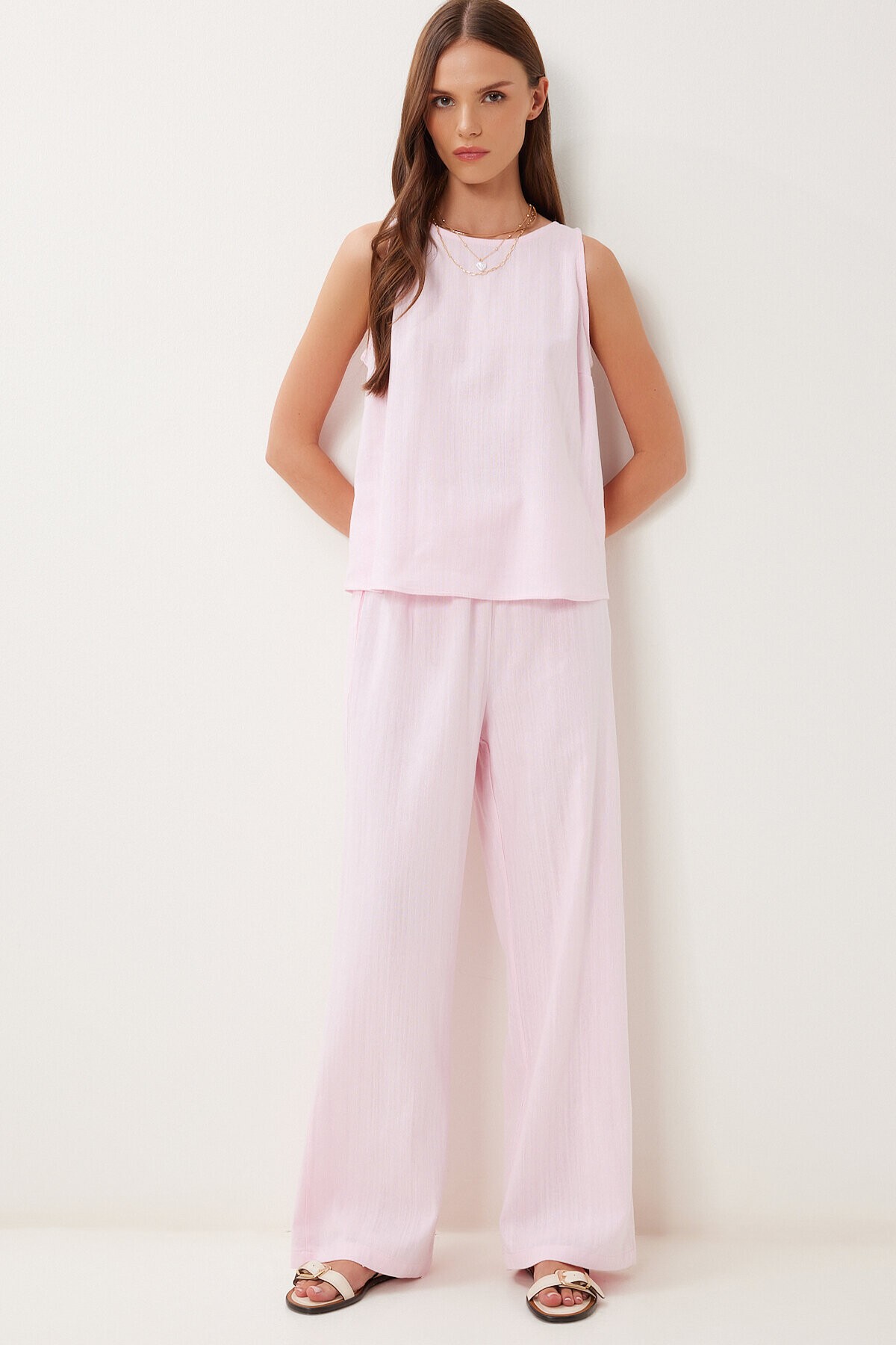 Keten Bluz Pantolon Takım ŞEKER PEMBE LMC0062