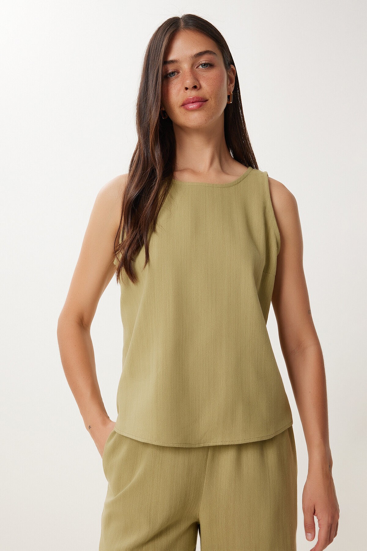 Keten Bluz Pantolon Takım ZEYTİN YEŞİLİ LMC0062