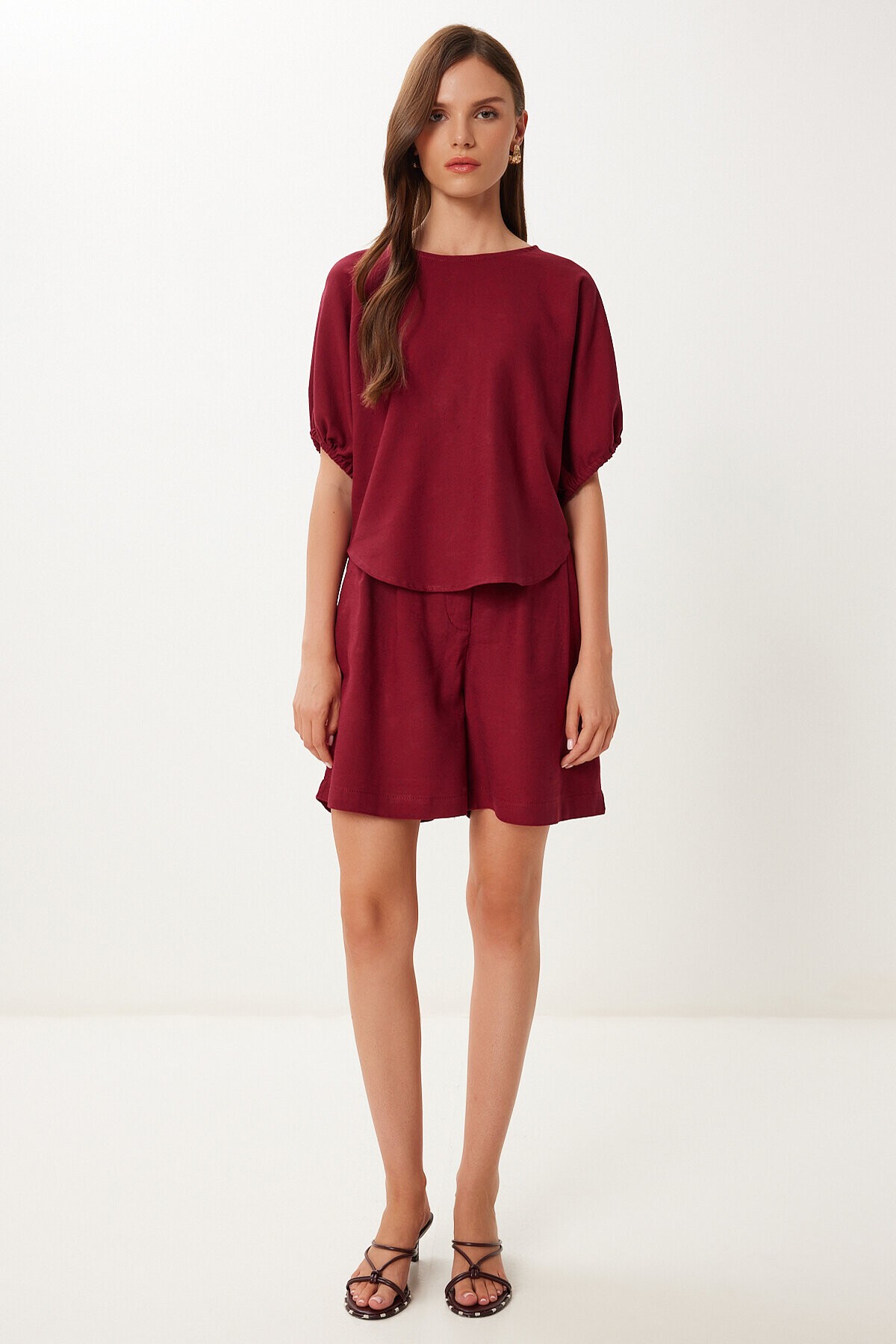 Keten Bluz Şort Takım BORDO LMX0098
