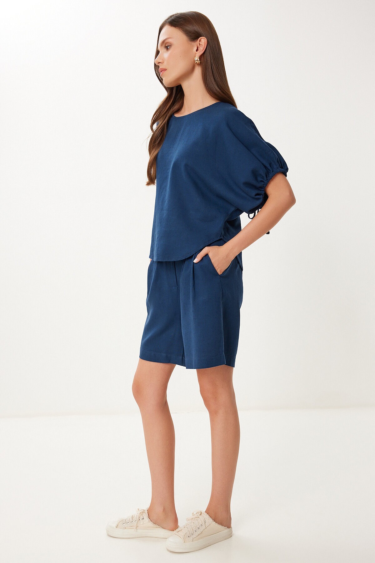 Keten Bluz Şort Takım LACİVERT LMX0098