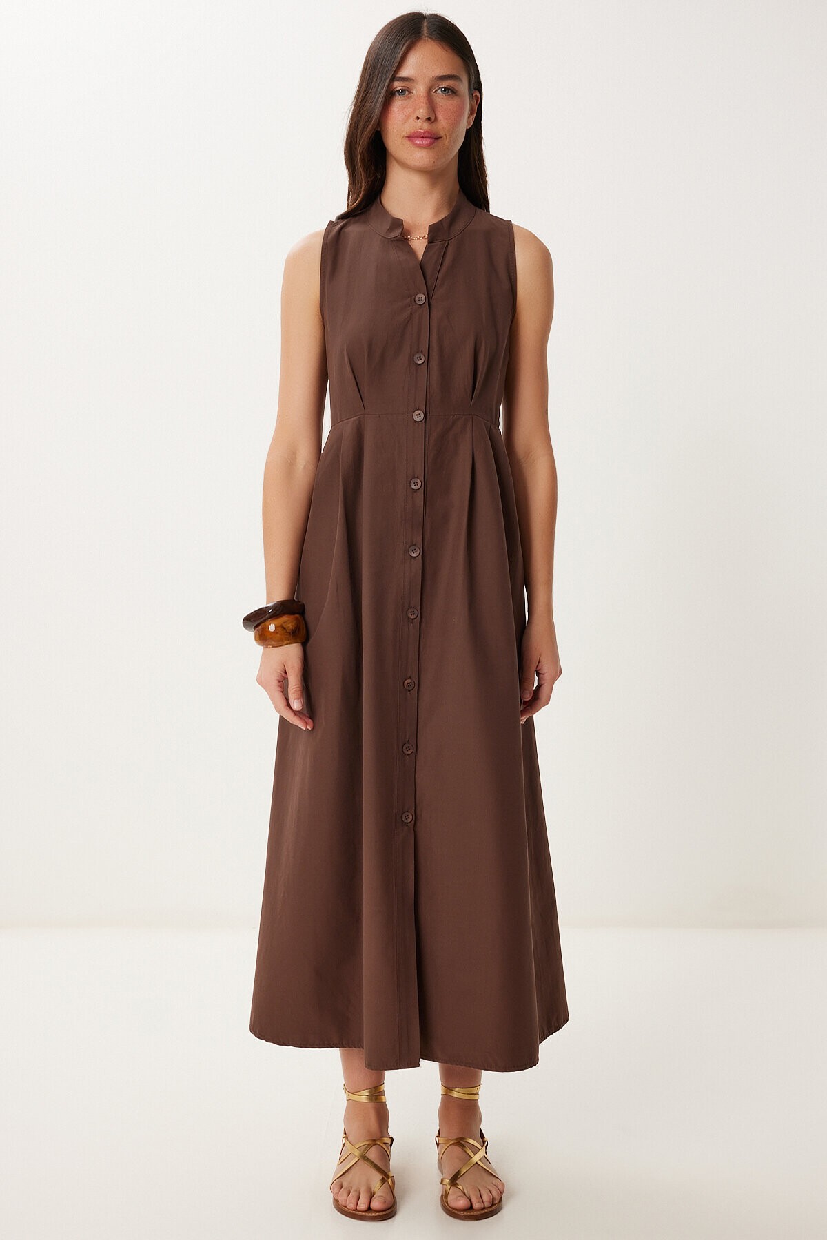 Kolsuz Midi Poplin Gömlek Elbise KAHVERENGİ LMX0093