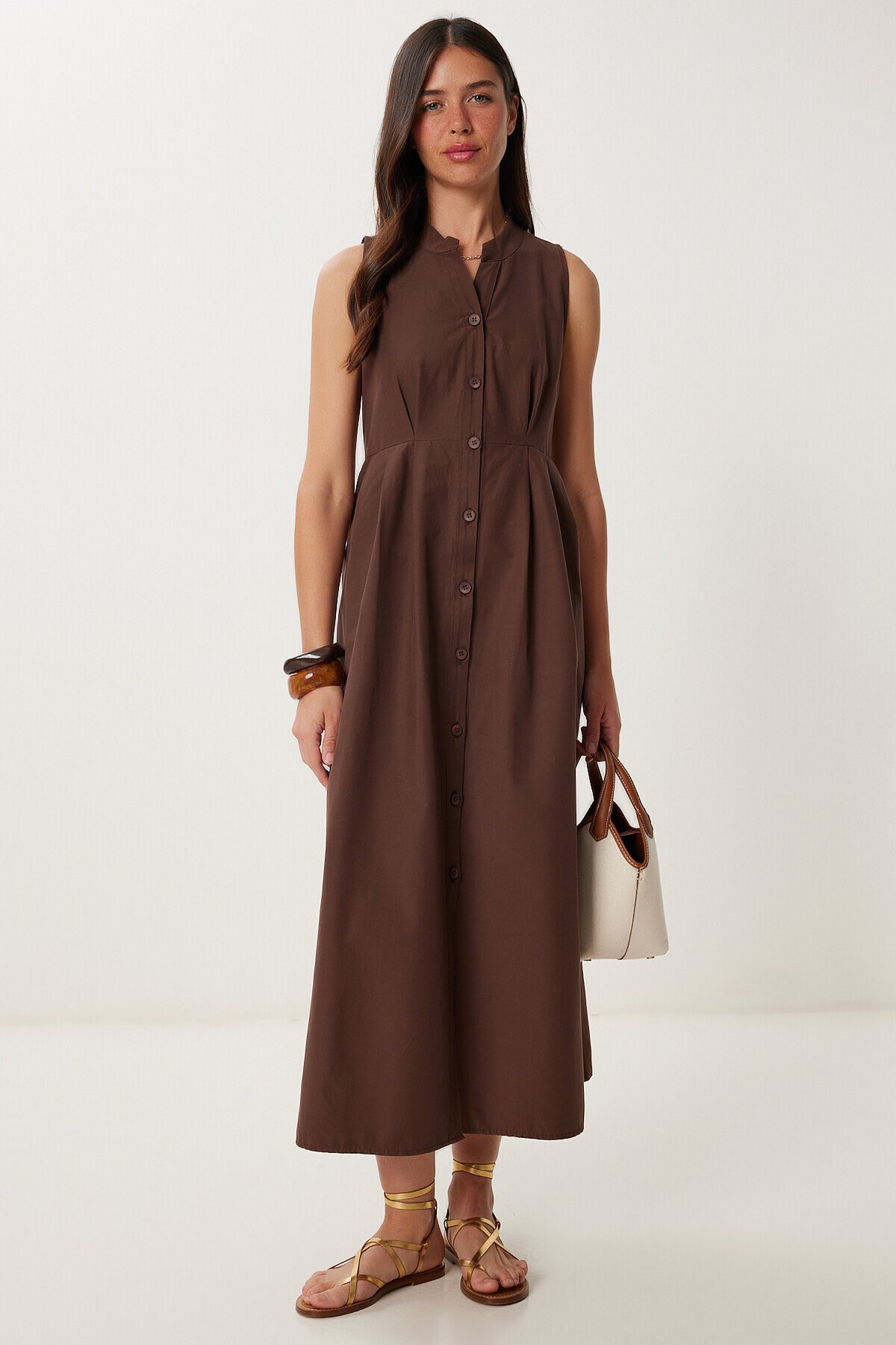 Kolsuz Midi Poplin Gömlek Elbise KAHVERENGİ LMX0093
