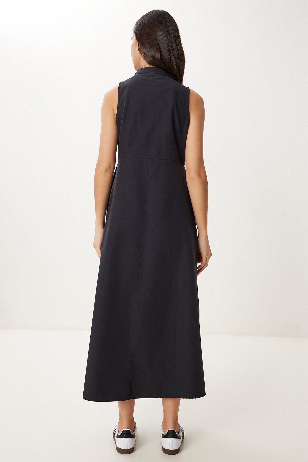 Kolsuz Midi Poplin Gömlek Elbise SİYAH LMX0093