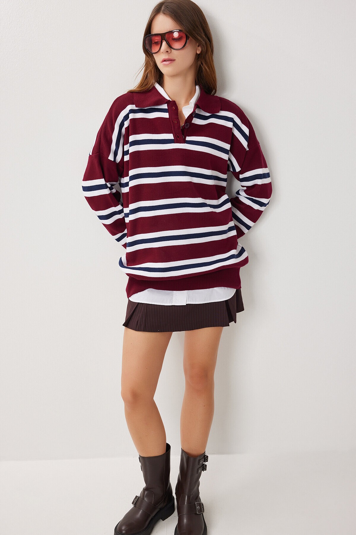 Polo Yaka Çizgili Oversize Triko Kazak BORDO LACİVERT LİY0014