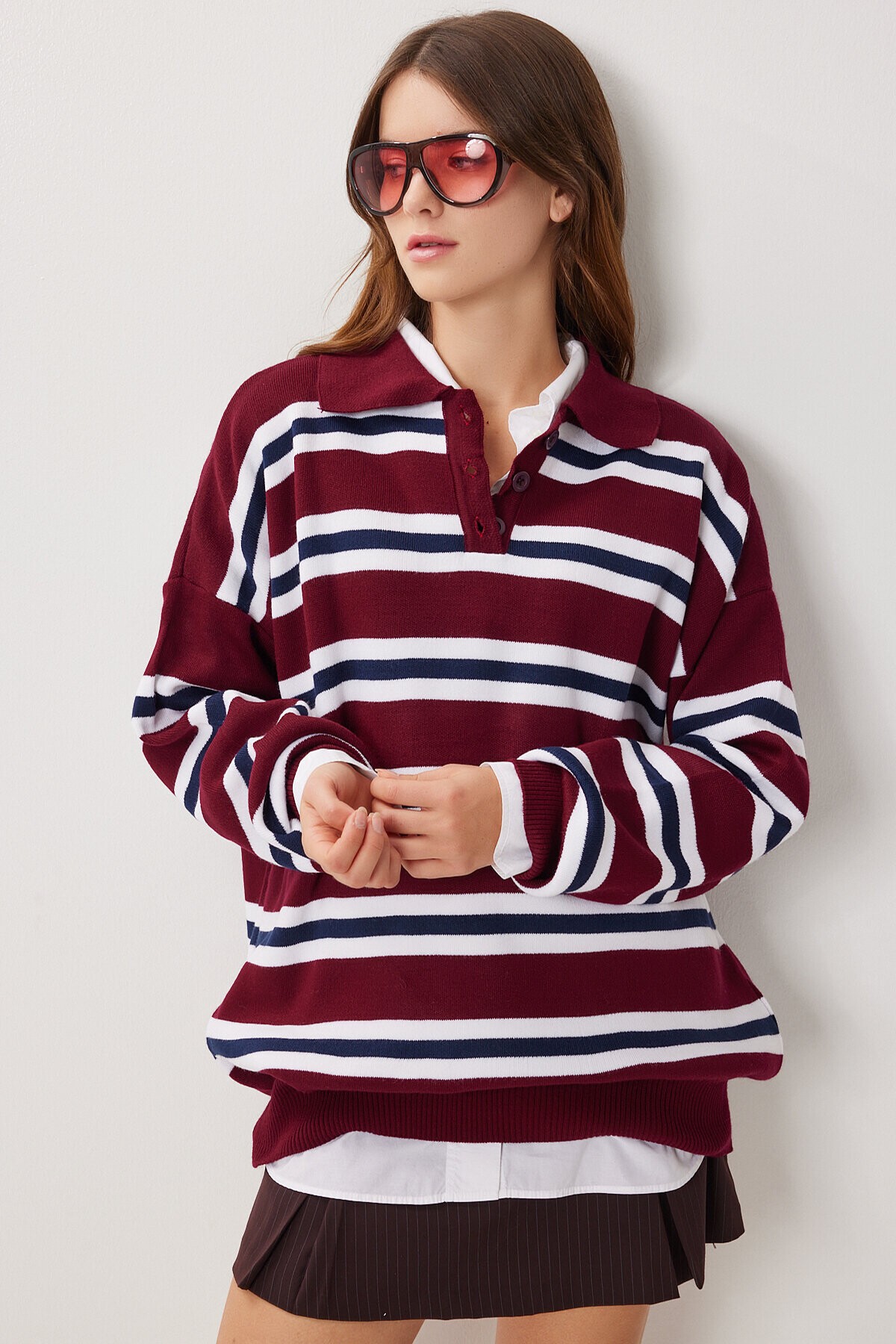 Polo Yaka Çizgili Oversize Triko Kazak BORDO LACİVERT LİY0014