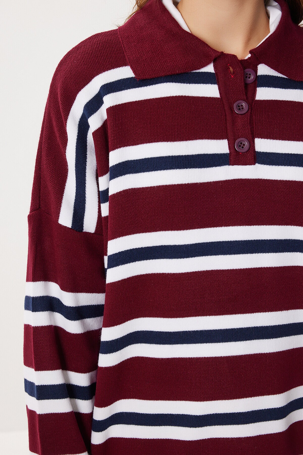 Polo Yaka Çizgili Oversize Triko Kazak BORDO LACİVERT LİY0014