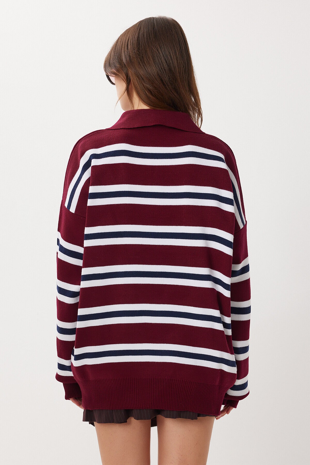 Polo Yaka Çizgili Oversize Triko Kazak BORDO LACİVERT LİY0014