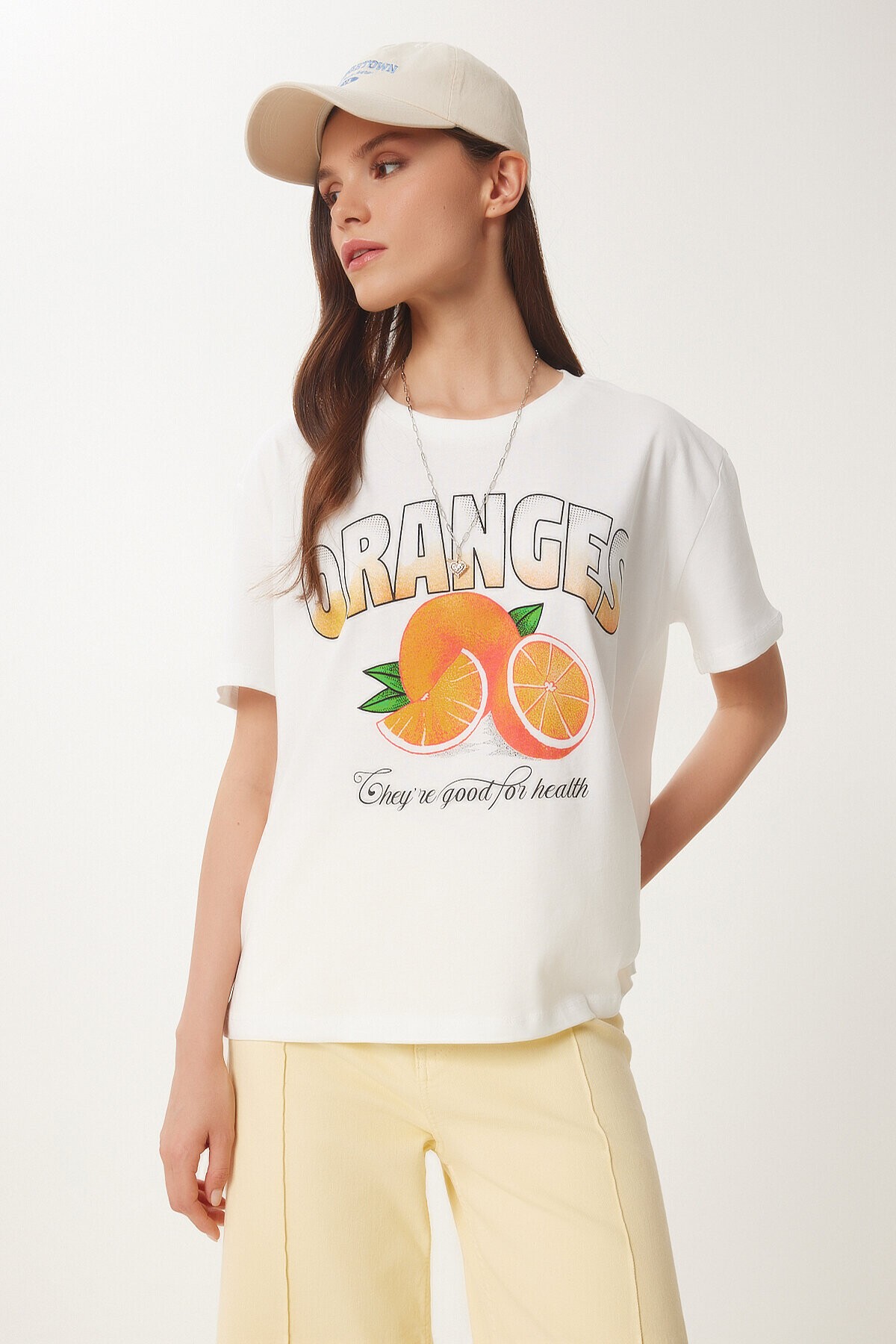 Portakal Baskılı Pamuklu Örme T-shirt EKRU LNS0051