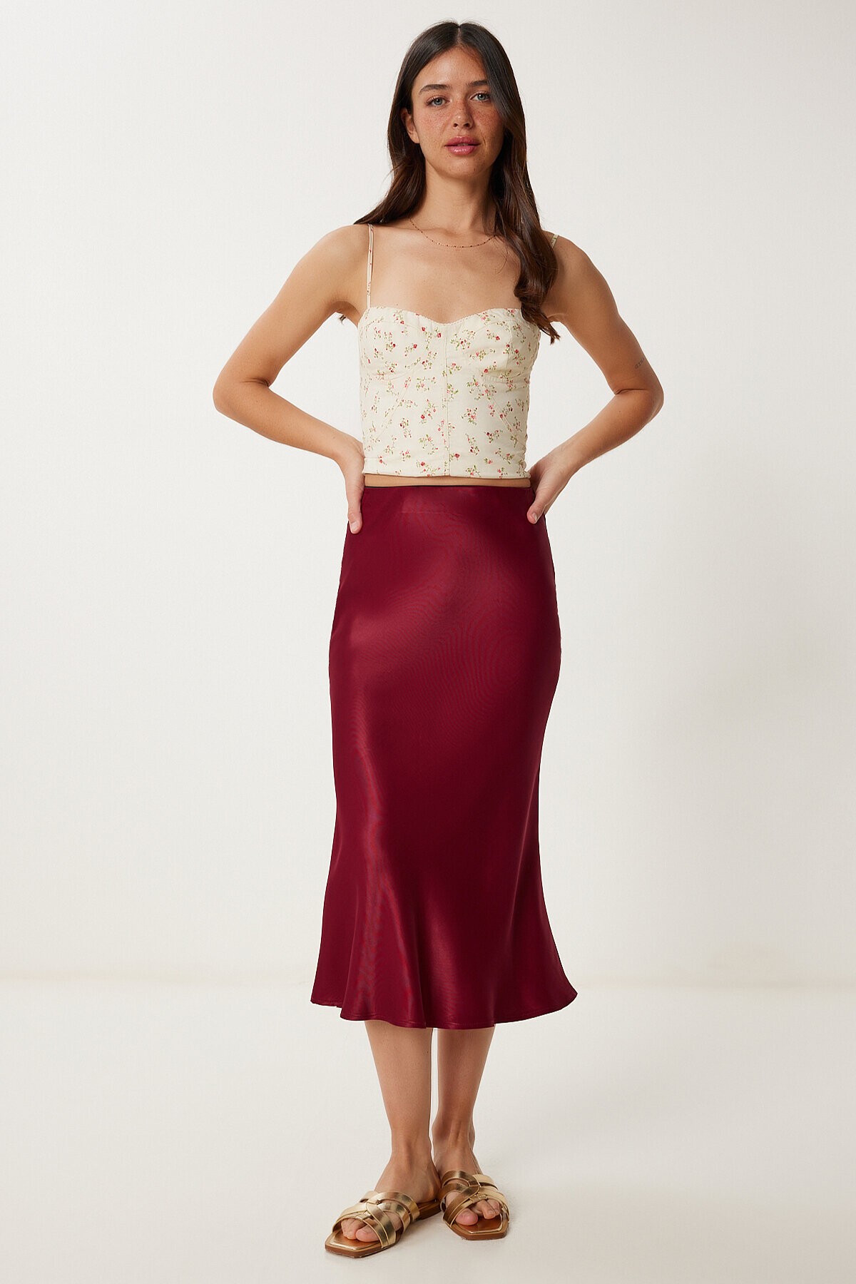 Saten Midi Etek BORDO LNS0068