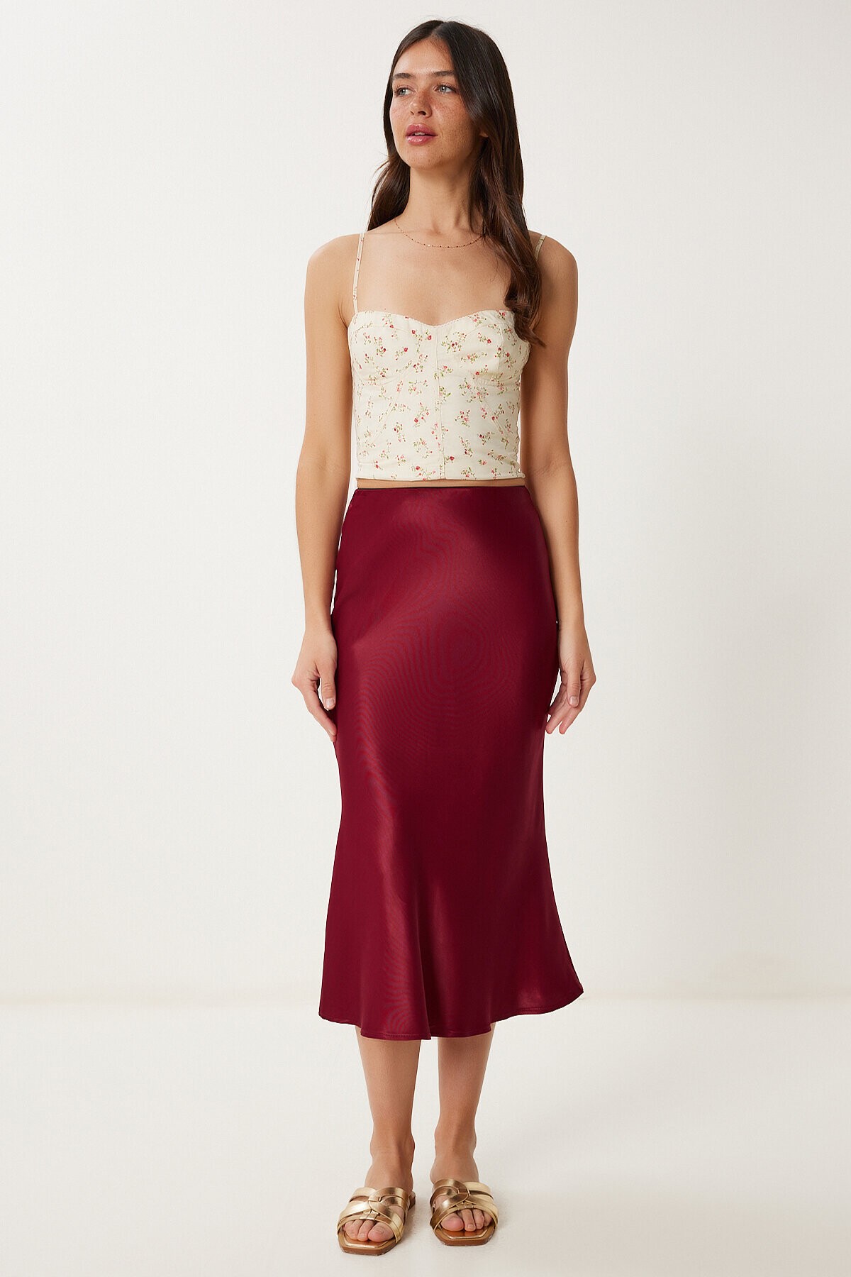 Saten Midi Etek BORDO LNS0068