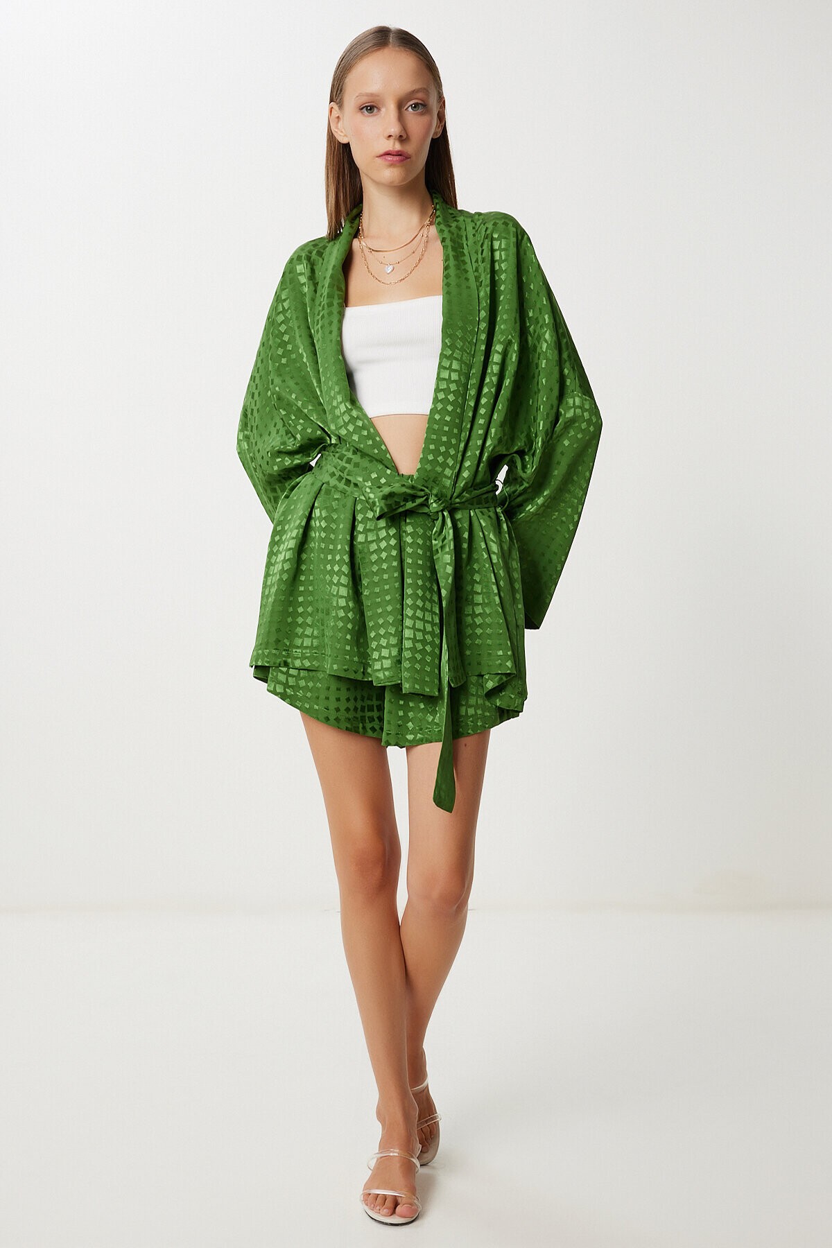 Saten Yüzeyli Kimono Şort Takım YEŞİL LFG0108