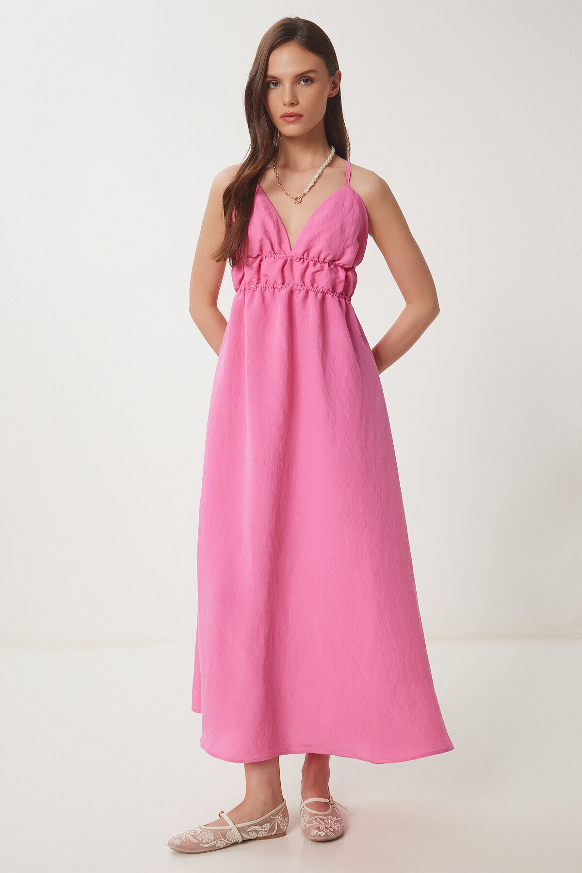 Sırt Dekolteli Yazlık Poplin Elbise KOYU PEMBE LDP0043