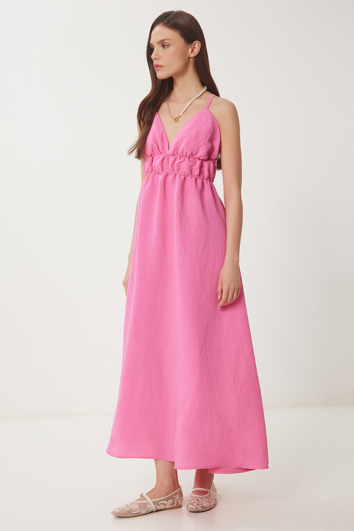Sırt Dekolteli Yazlık Poplin Elbise KOYU PEMBE LDP0043
