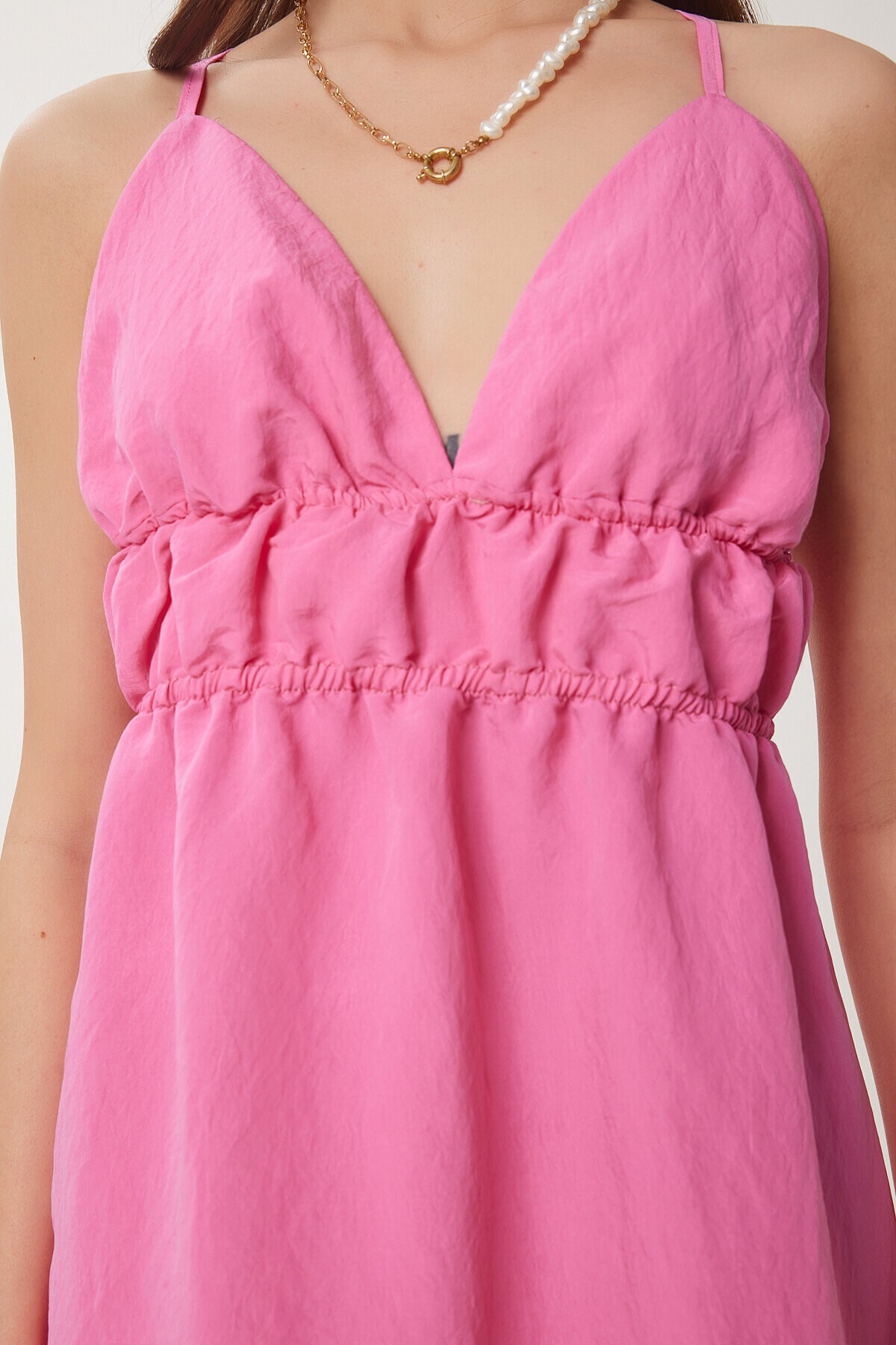 Sırt Dekolteli Yazlık Poplin Elbise KOYU PEMBE LDP0043