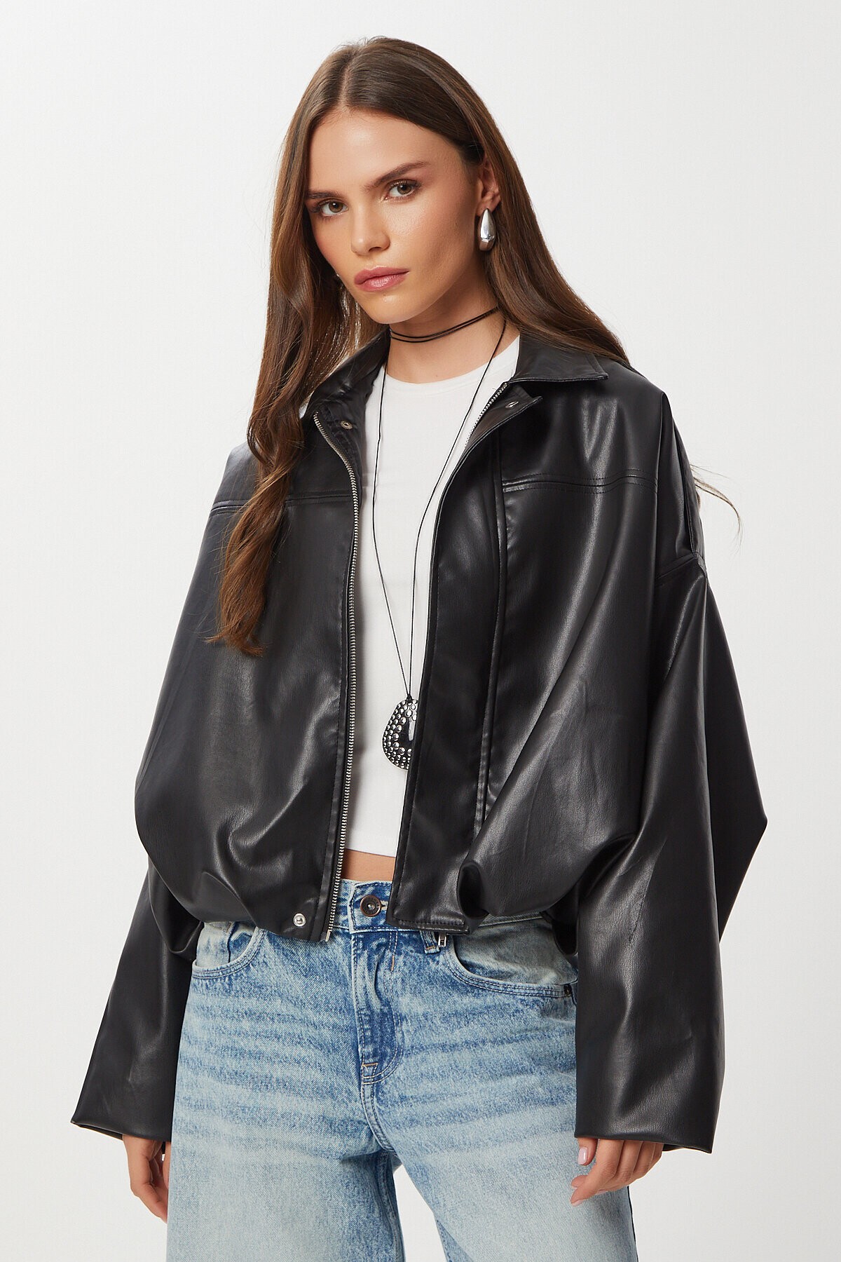 Suni Deri Bomber Ceket SİYAH LOH0012