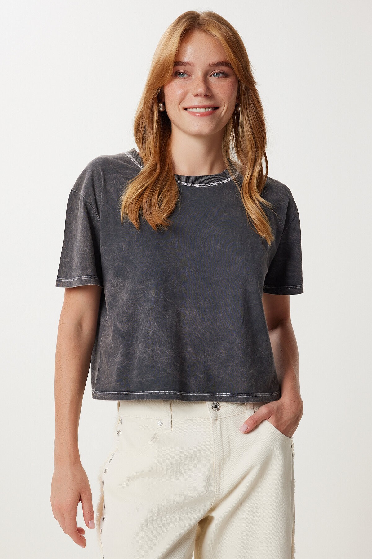 Yıkamalı Crop Örme T-shirt ANTRASİT LKT0013