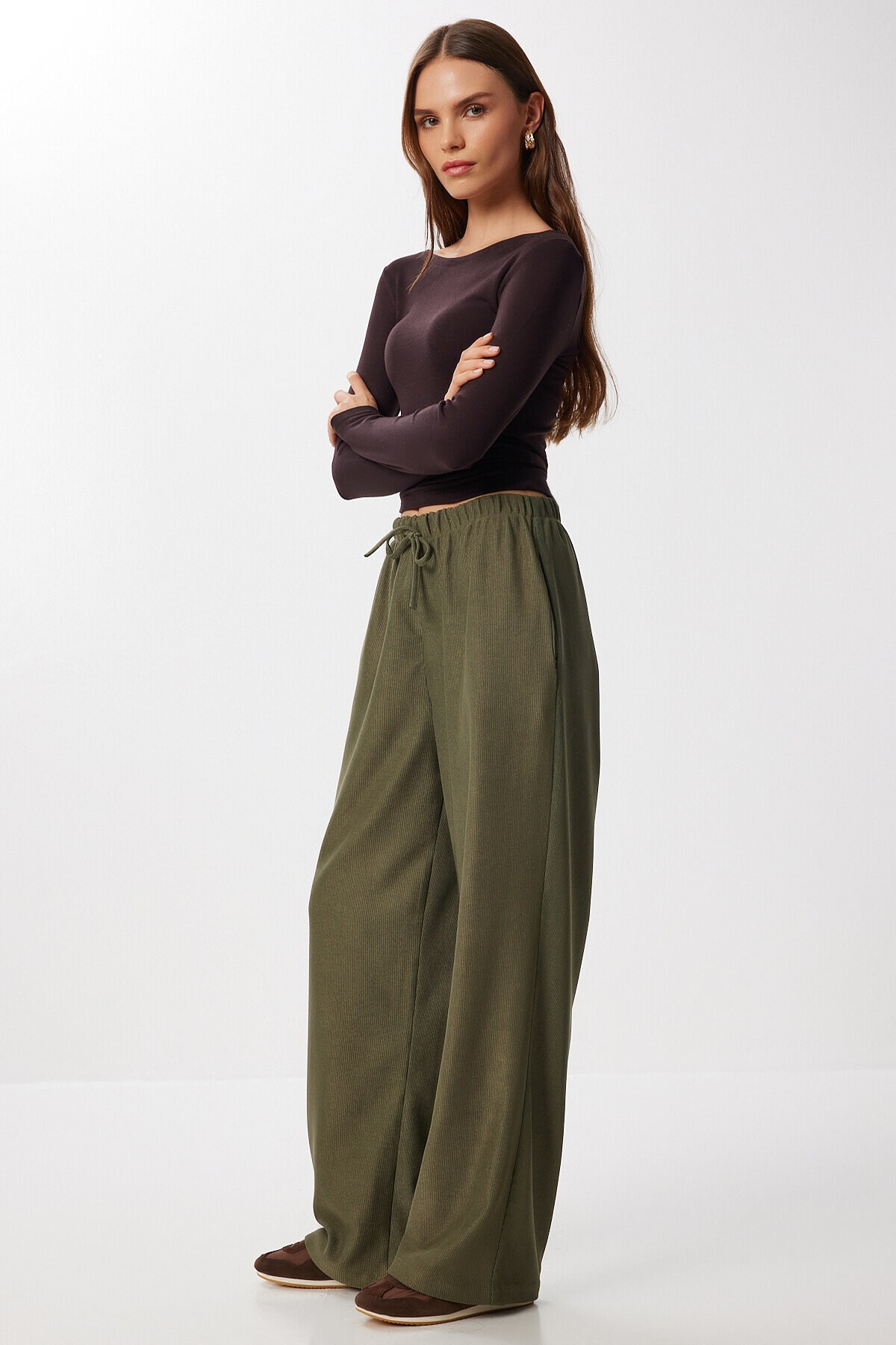 Geniş Paça Fitilli Örme Pantolon HAKİ LMW0031