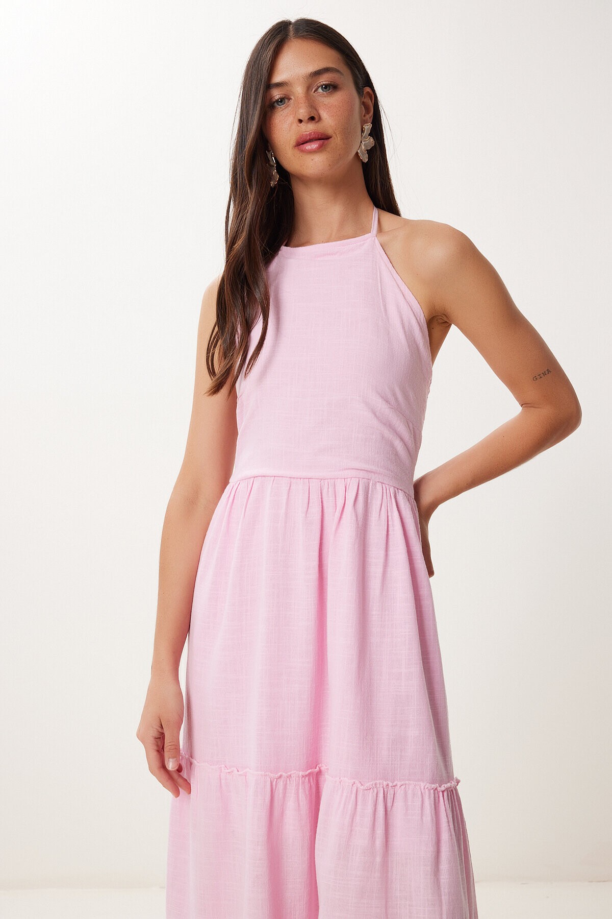 Halter Yaka Volanlı Yazlık Keten Elbise ŞEKER PEMBE LGP0015