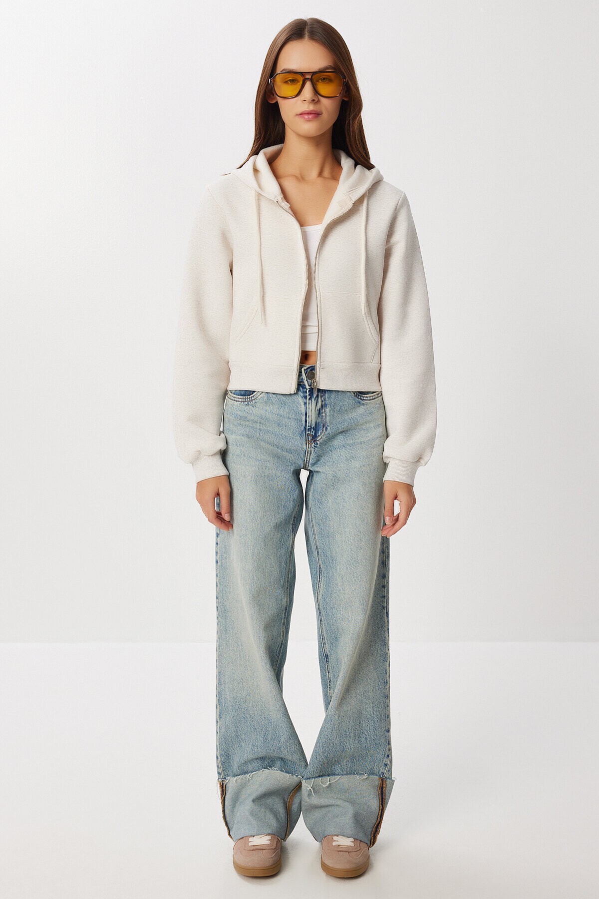 Kapüşonlu Fermuarlı Crop Sweatshirt BEJ LUB0054