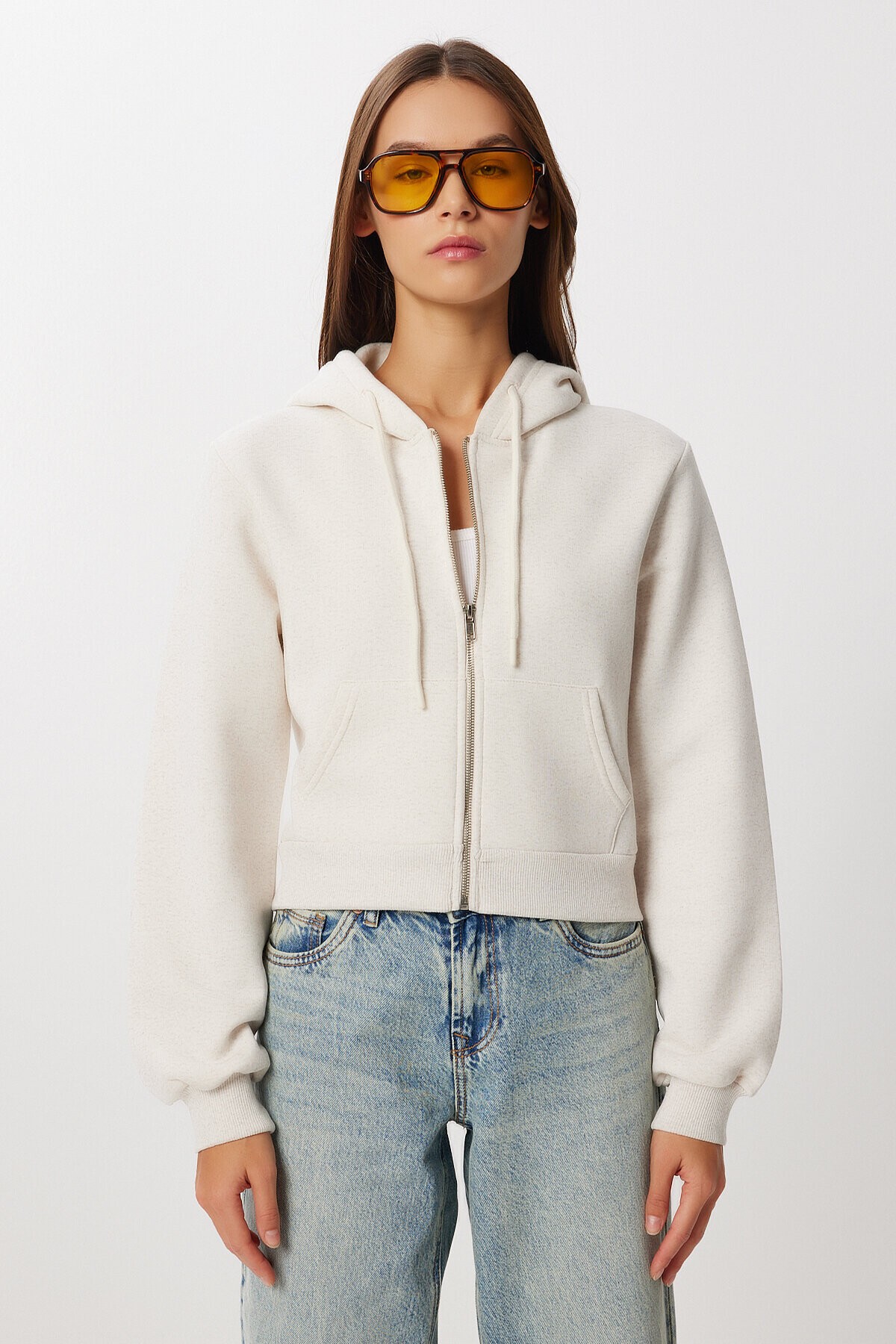 Kapüşonlu Fermuarlı Crop Sweatshirt BEJ LUB0054