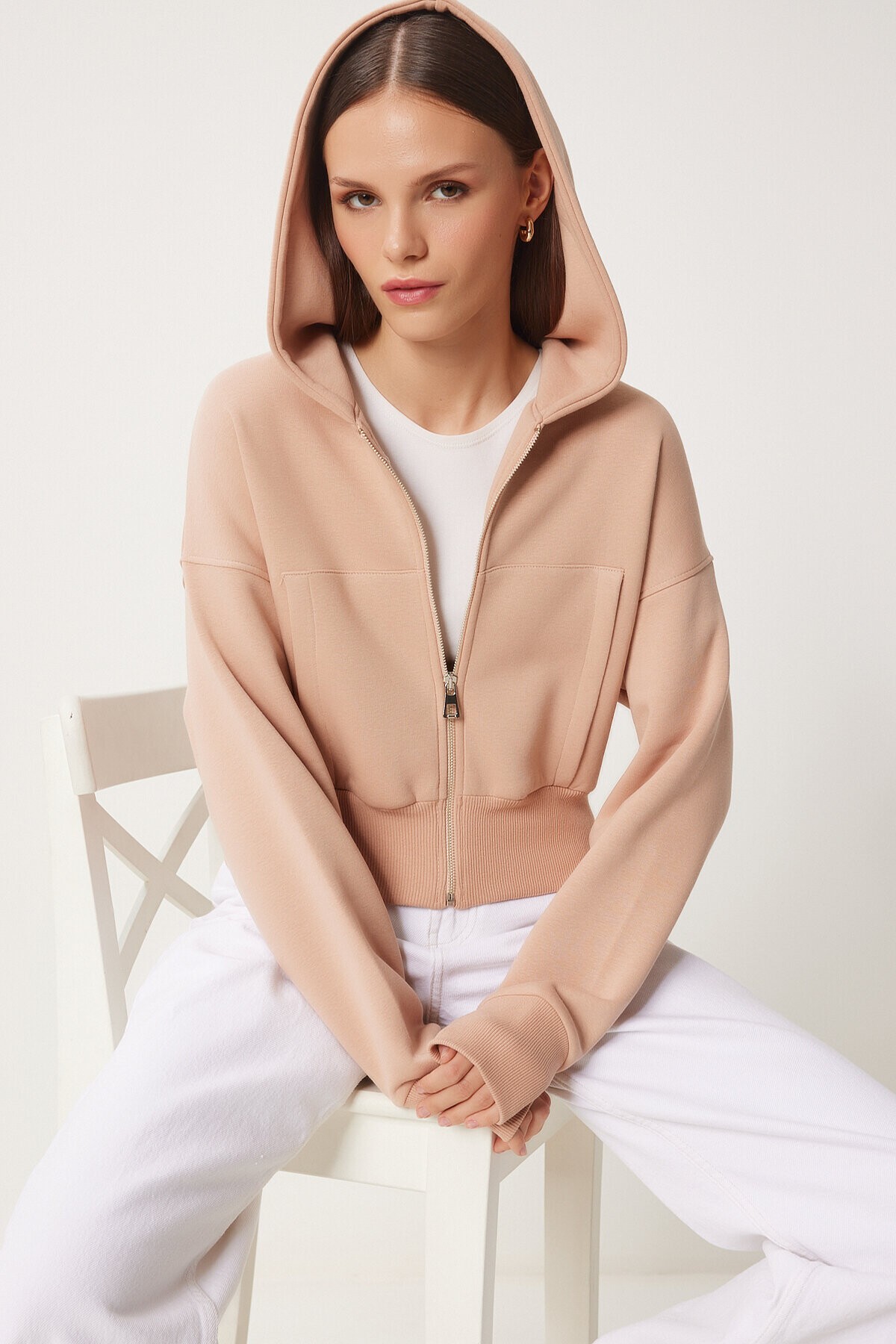 Kapüşonlu Şardonlu Fermuarlı Sweatshirt BİSKÜVİ LOW0019