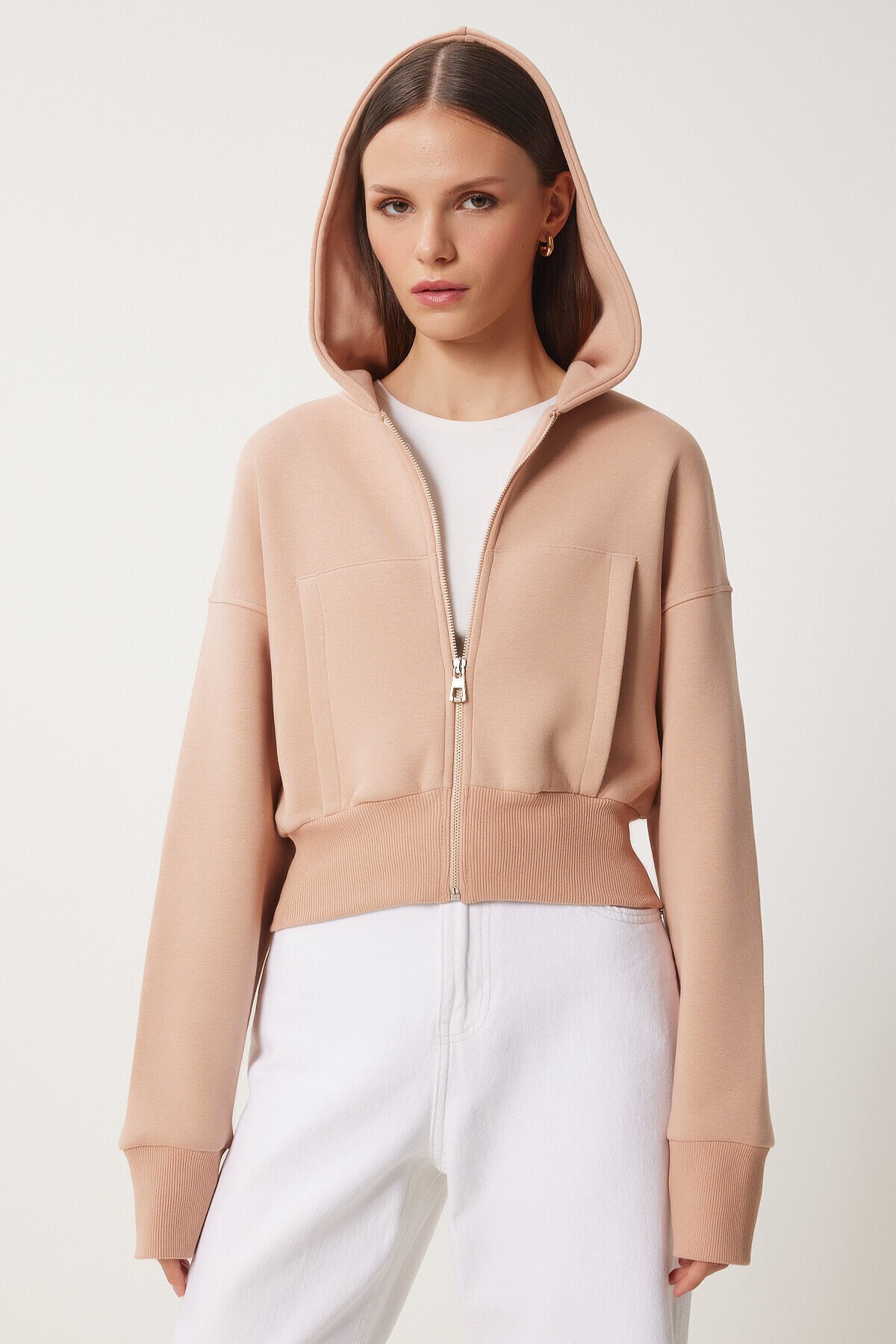 Kapüşonlu Şardonlu Fermuarlı Sweatshirt BİSKÜVİ LOW0019