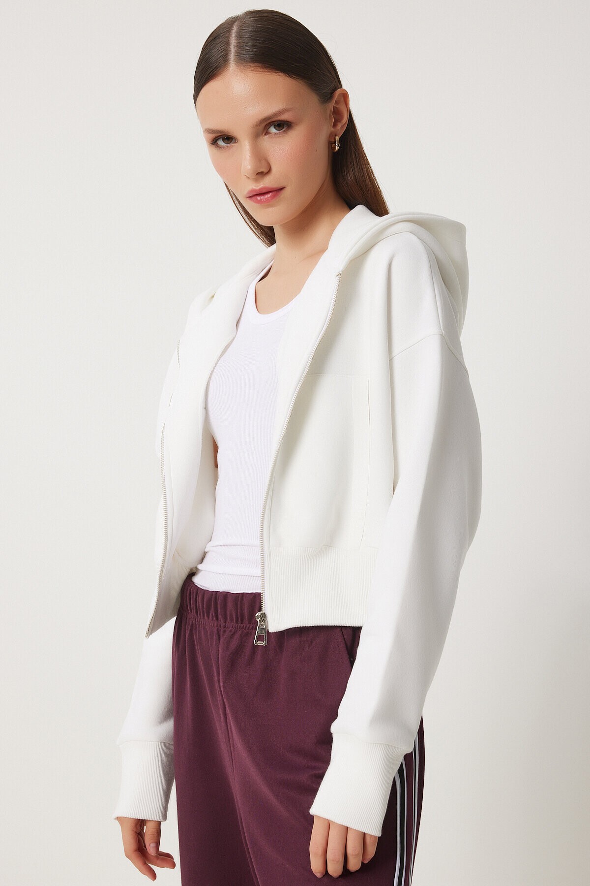 Kapüşonlu Şardonlu Fermuarlı Sweatshirt EKRU LOW0019