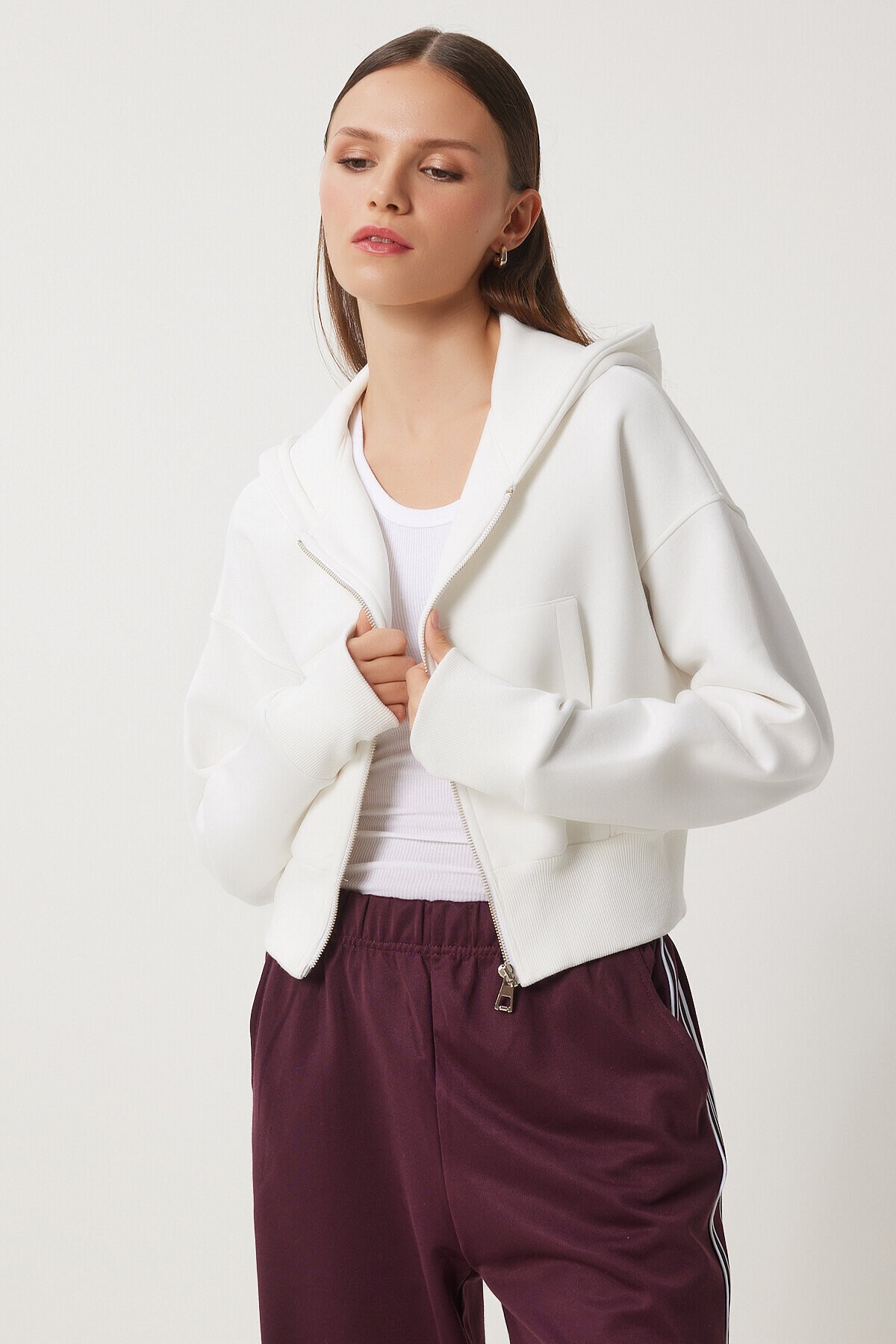 Kapüşonlu Şardonlu Fermuarlı Sweatshirt EKRU LOW0019