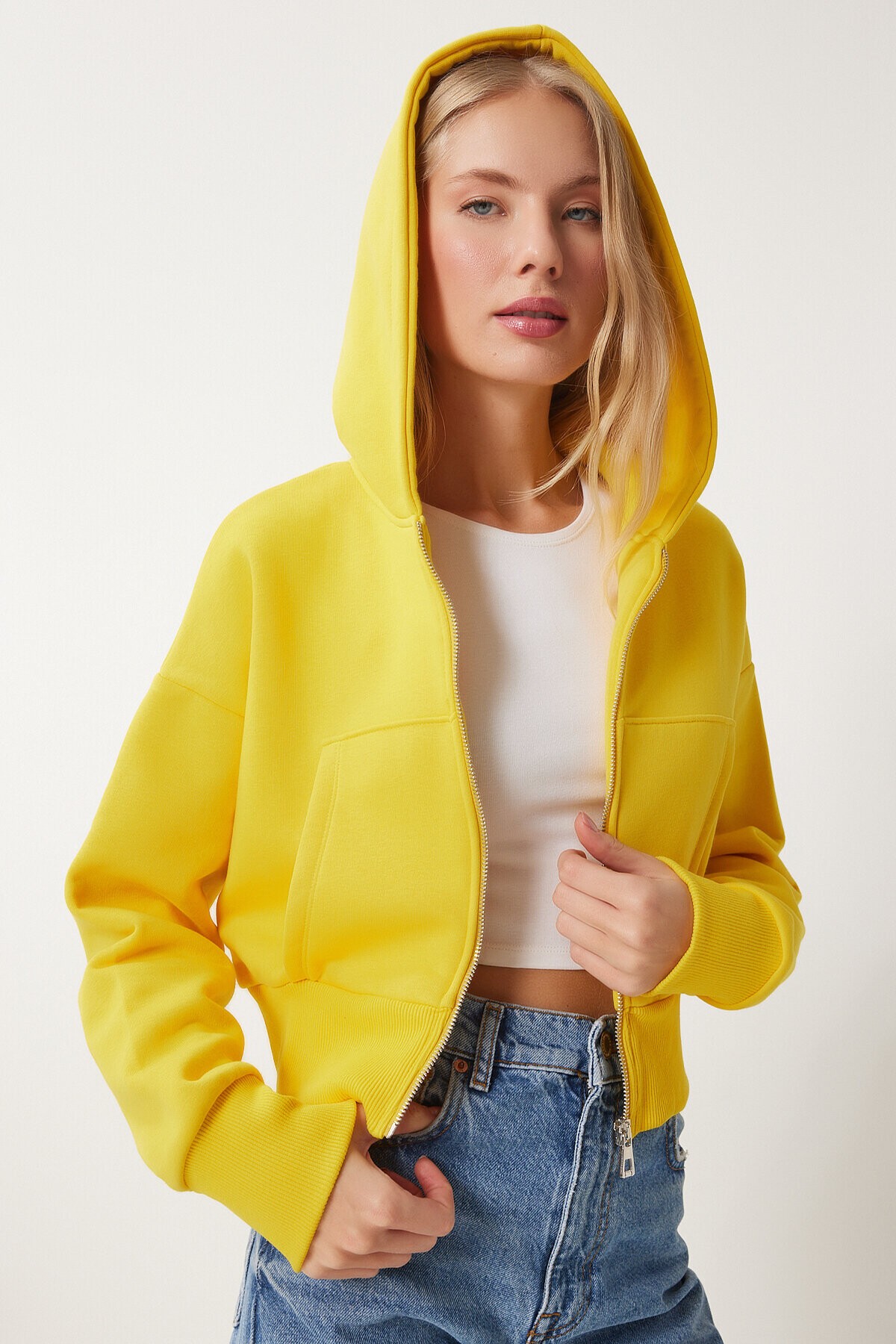 Kapüşonlu Şardonlu Fermuarlı Sweatshirt SARI LOW0019