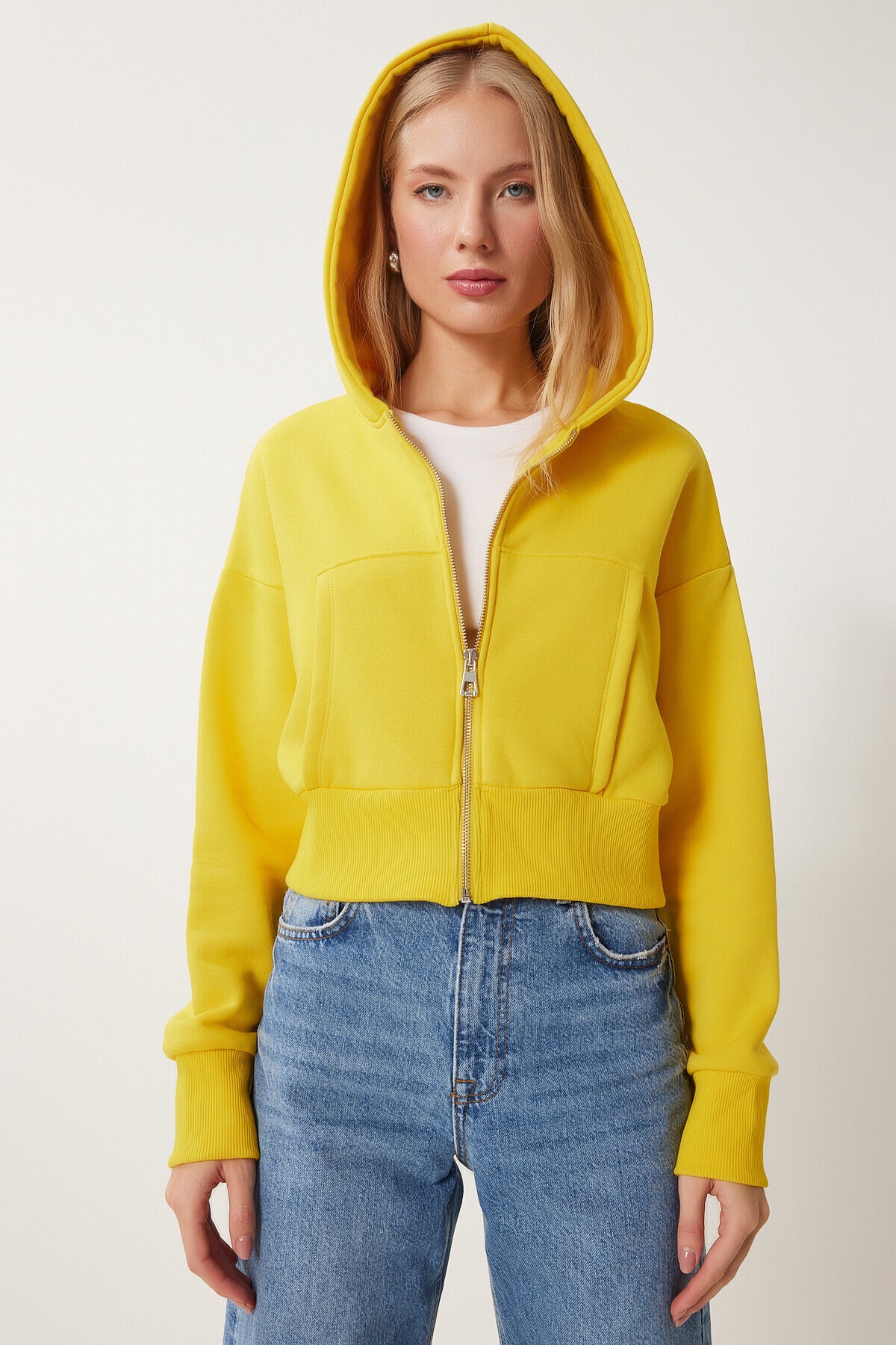 Kapüşonlu Şardonlu Fermuarlı Sweatshirt SARI LOW0019