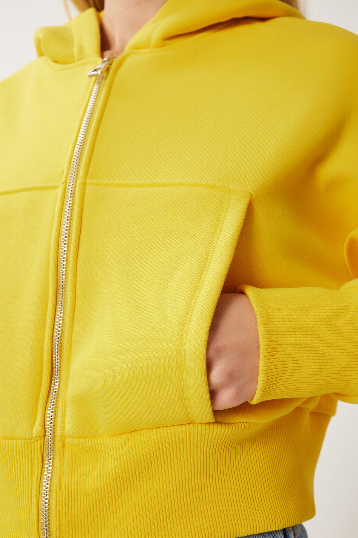 Kapüşonlu Şardonlu Fermuarlı Sweatshirt SARI LOW0019
