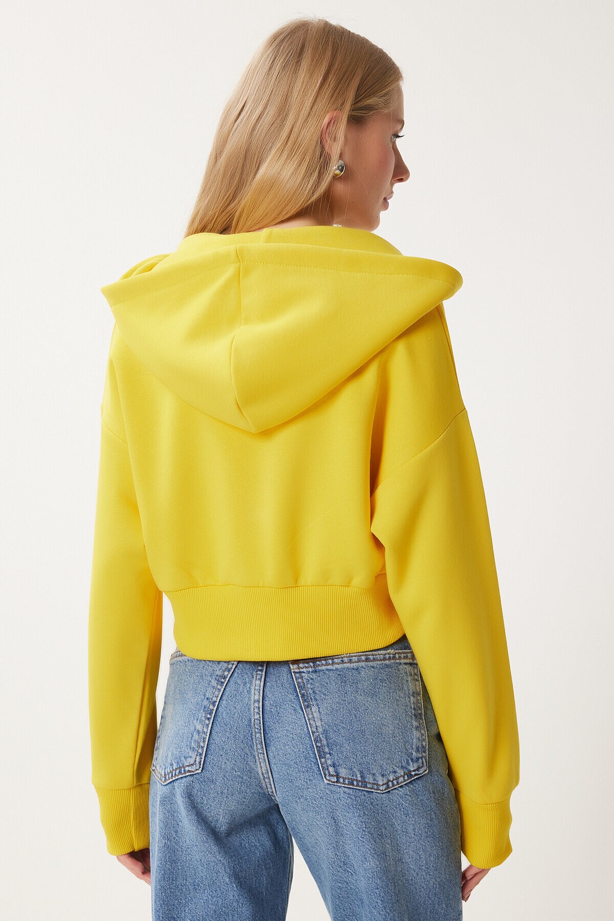 Kapüşonlu Şardonlu Fermuarlı Sweatshirt SARI LOW0019