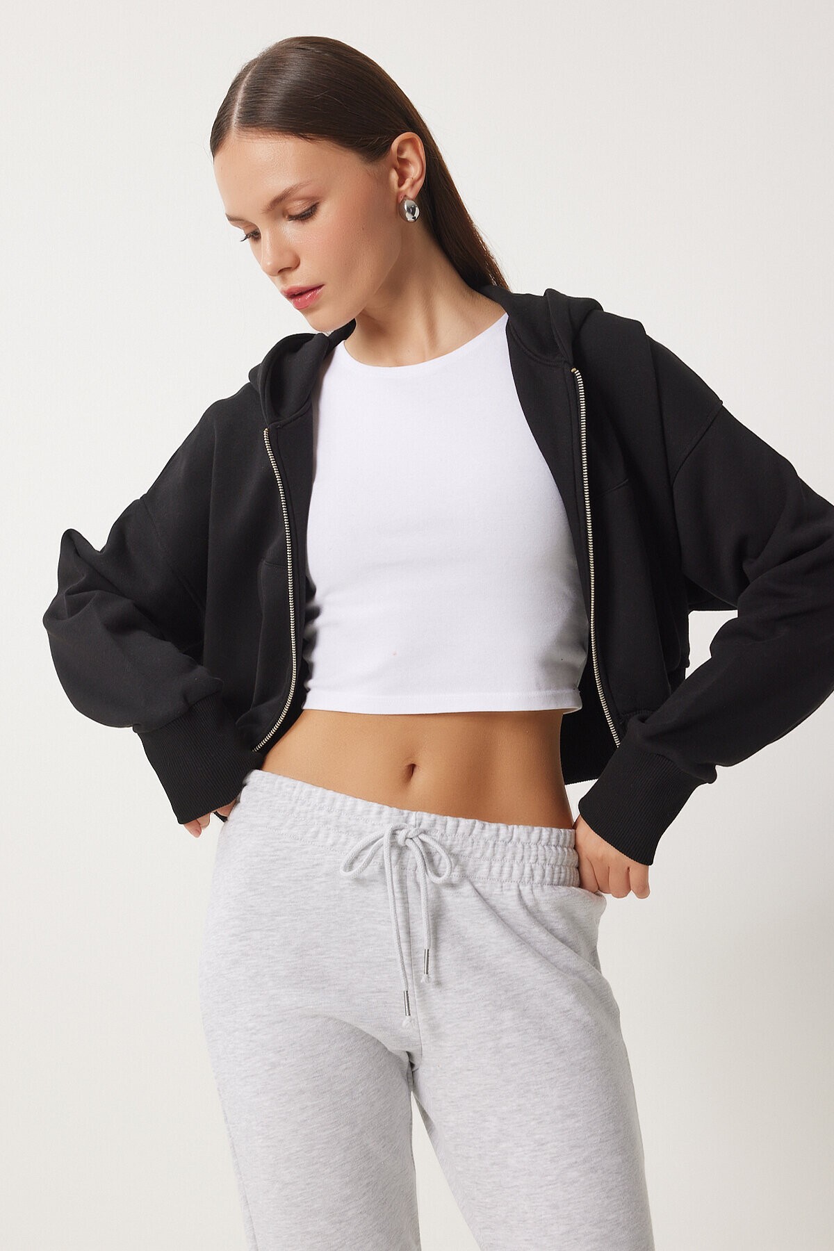 Kapüşonlu Şardonlu Fermuarlı Sweatshirt SİYAH LOW0019