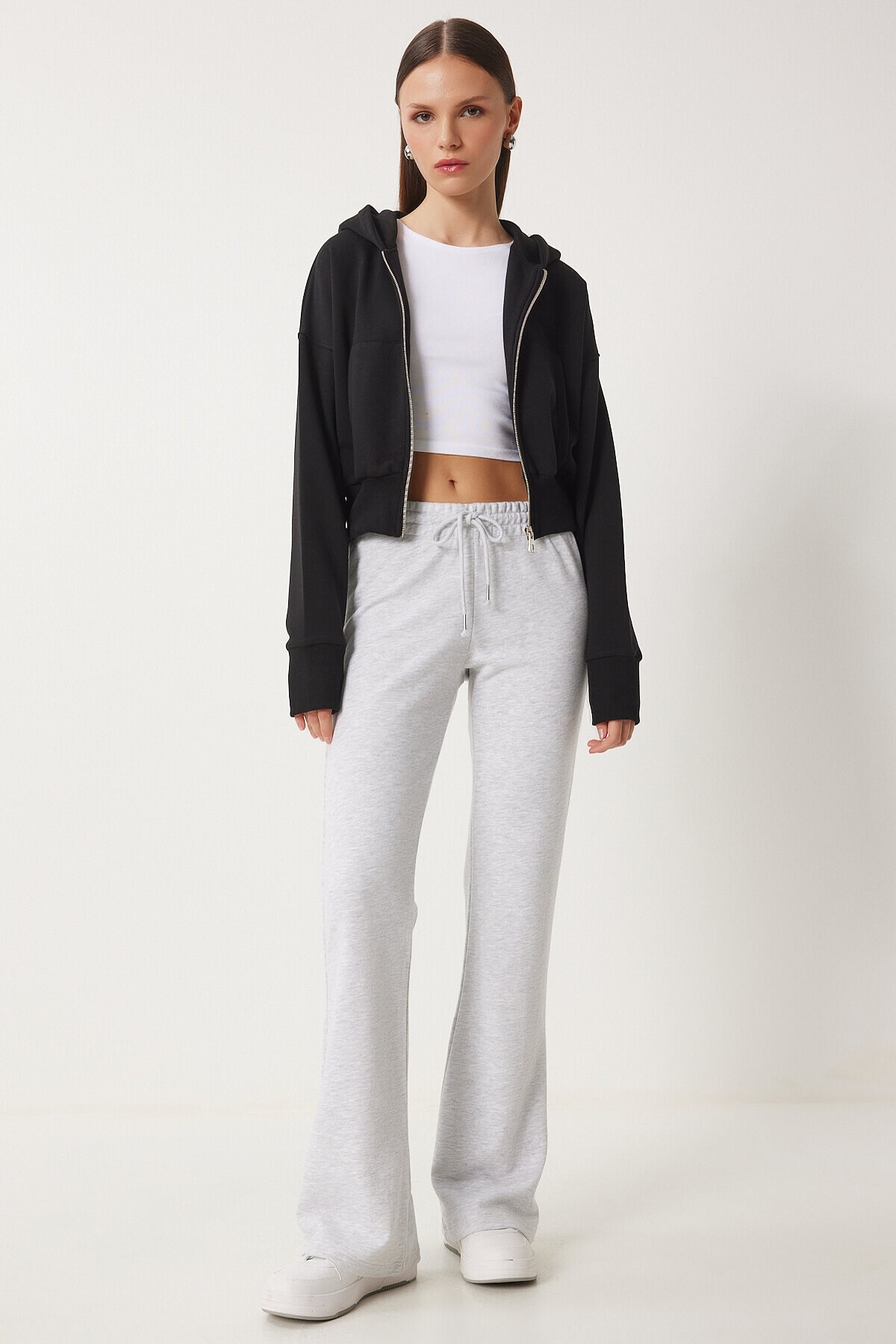 Kapüşonlu Şardonlu Fermuarlı Sweatshirt SİYAH LOW0019