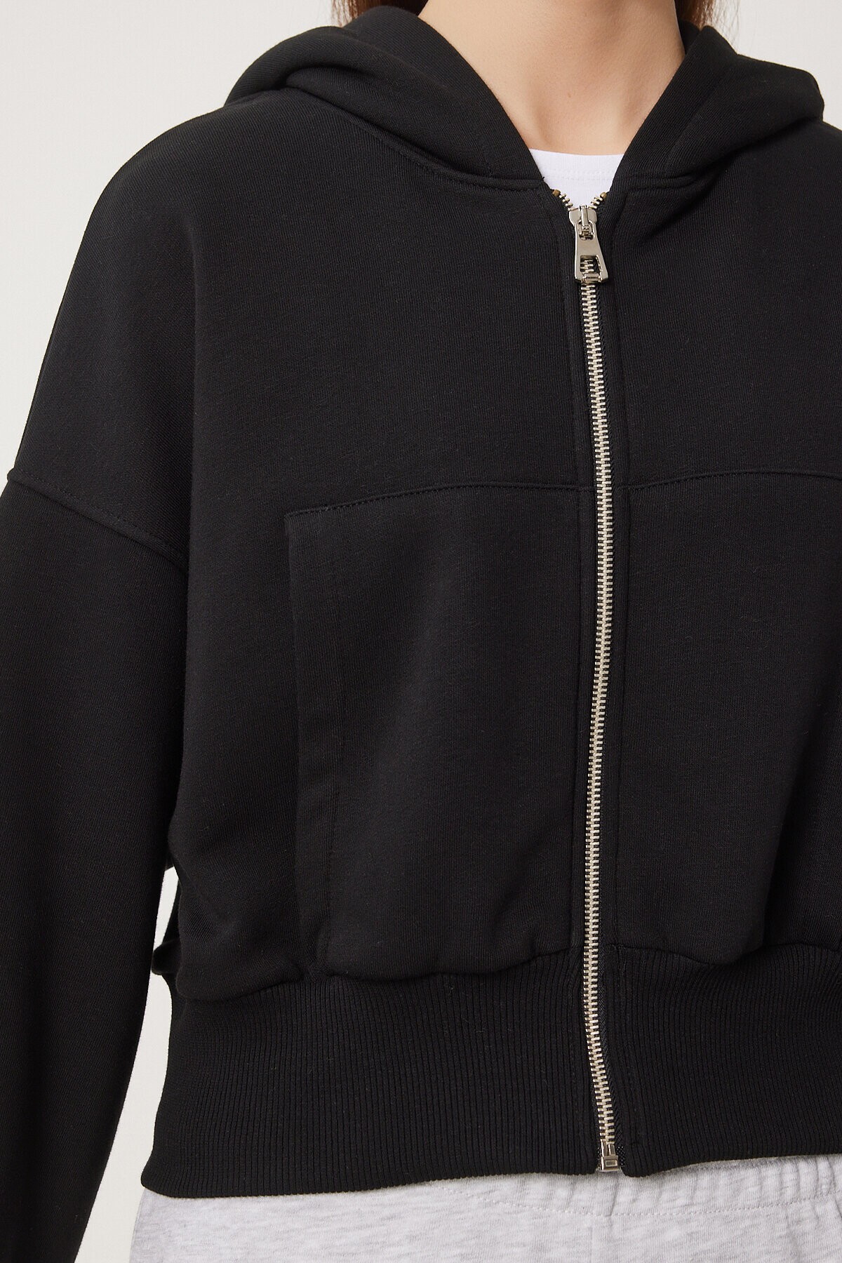 Kapüşonlu Şardonlu Fermuarlı Sweatshirt SİYAH LOW0019