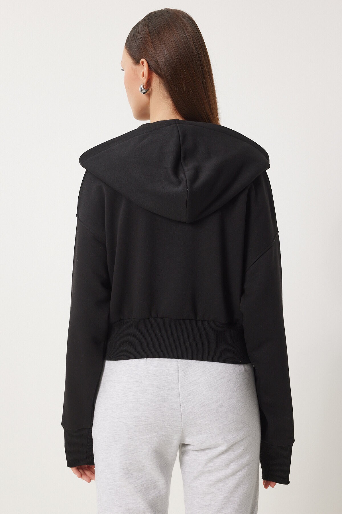 Kapüşonlu Şardonlu Fermuarlı Sweatshirt SİYAH LOW0019