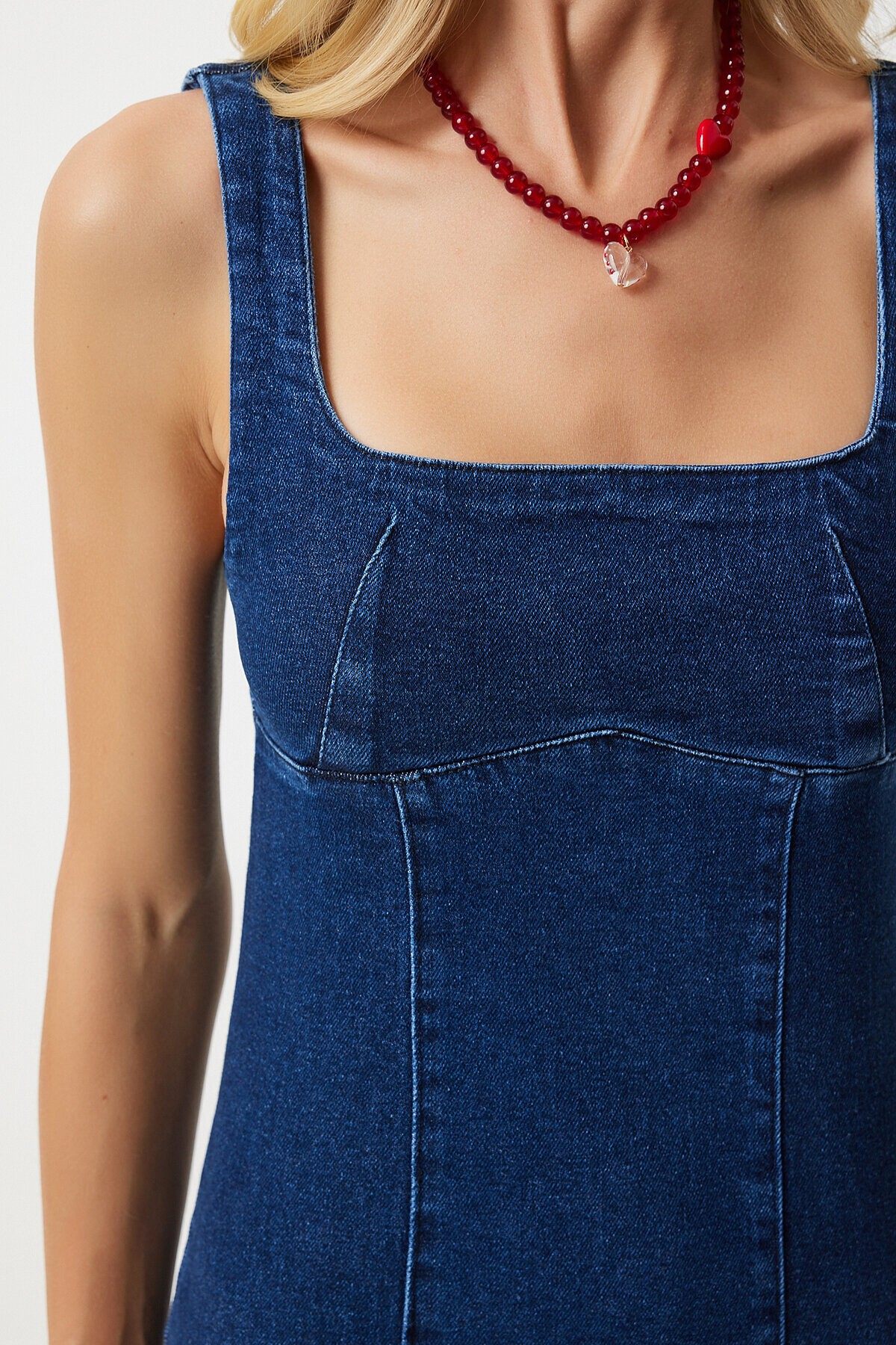 Kare Yaka Askılı Likralı Mini Denim Elbise MAVİ LKQ0002