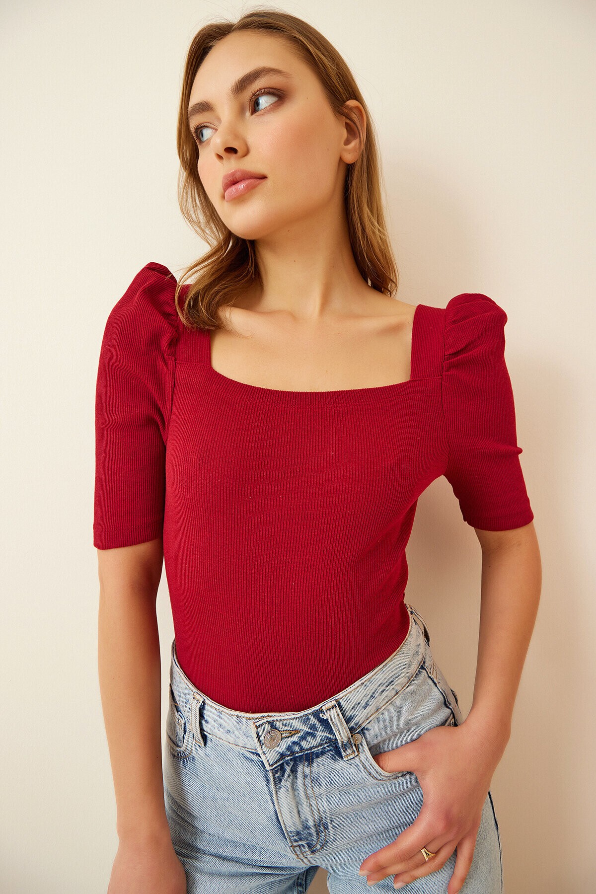 Kare Yaka Fitilli Crop Bluz BORDO LGT0011