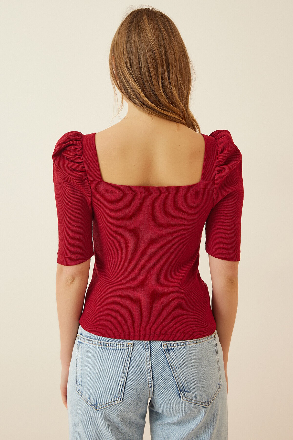 Kare Yaka Fitilli Crop Bluz BORDO LGT0011