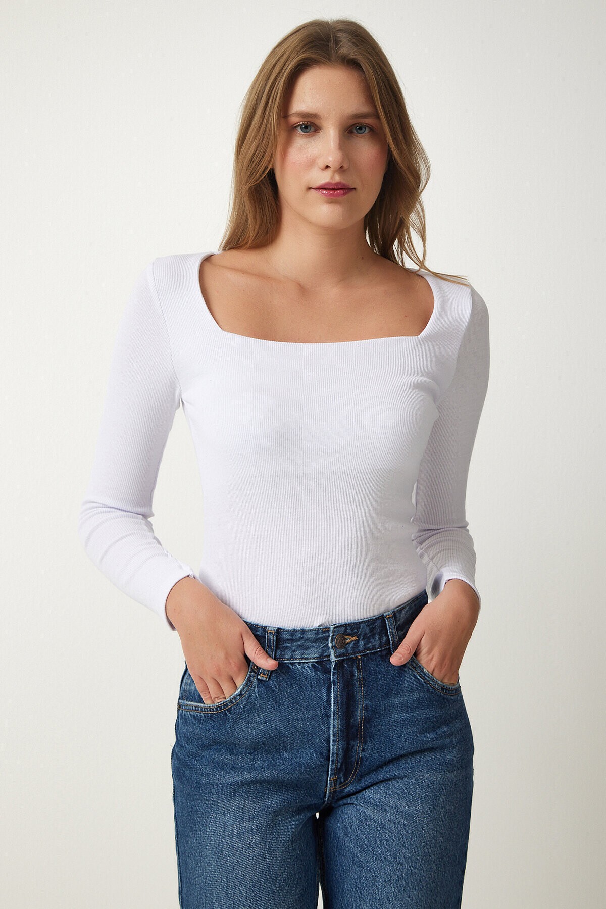 Kare Yaka Fitilli Örme Bluz BEYAZ LGT0010