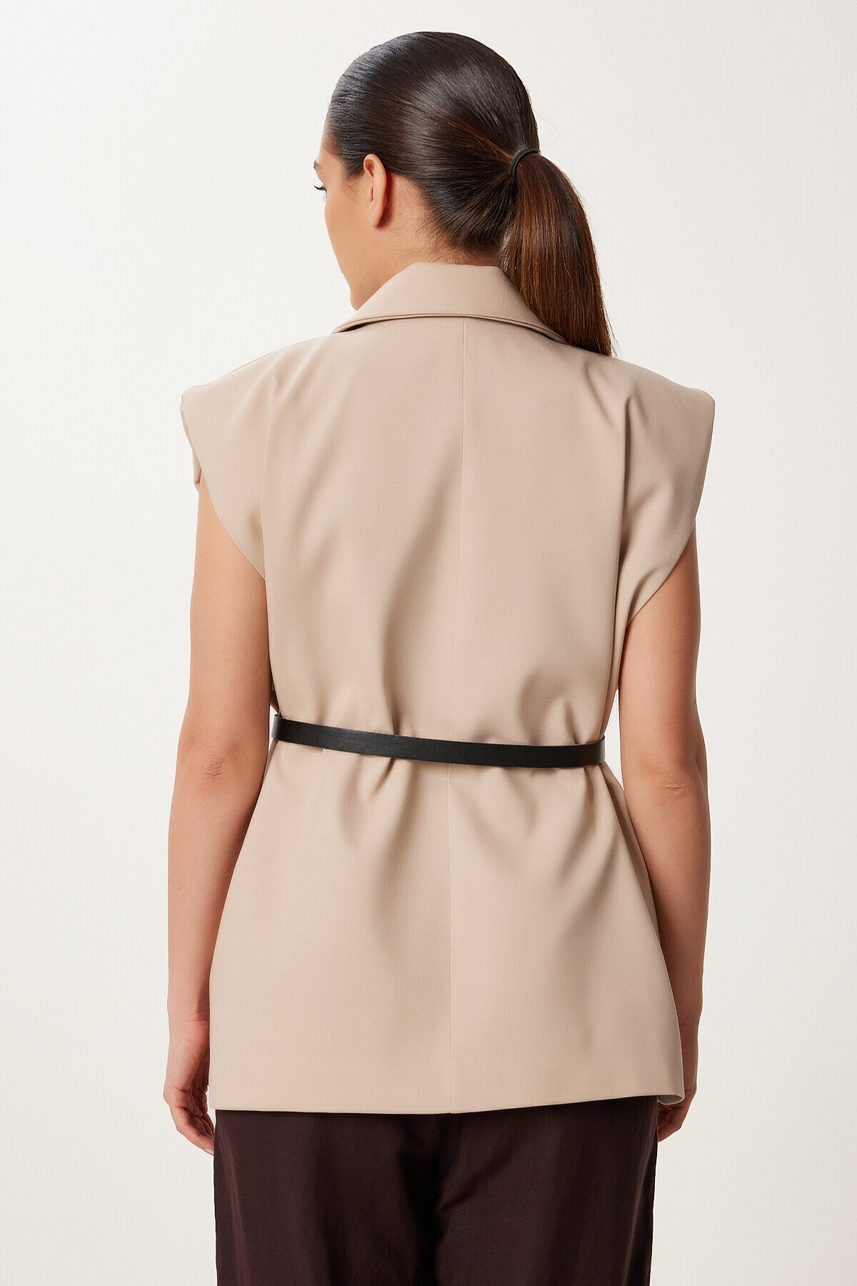 Kemerli Kruvaze Yaka Dokuma Yelek KREM LRV0095