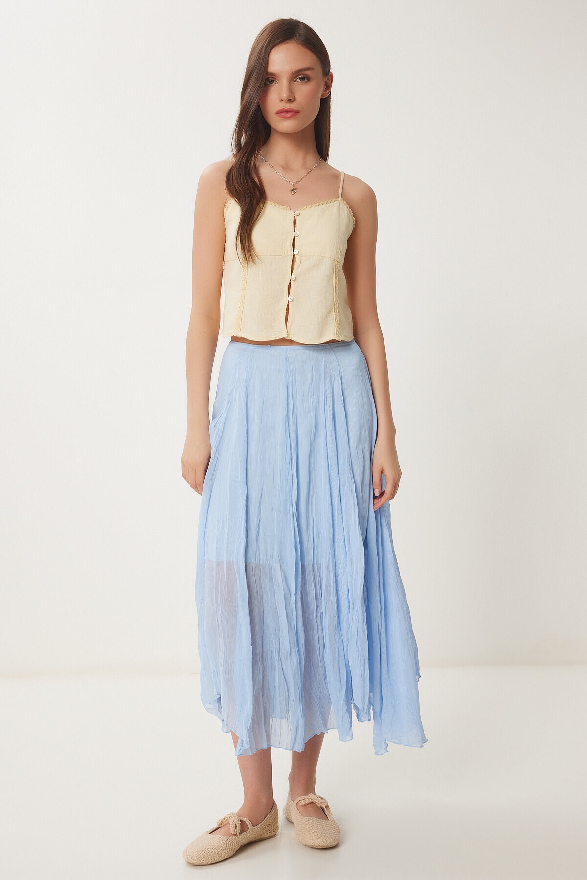 Kırışık Efektli Dokuma Midi Etek GÖK MAVİ LNS0019