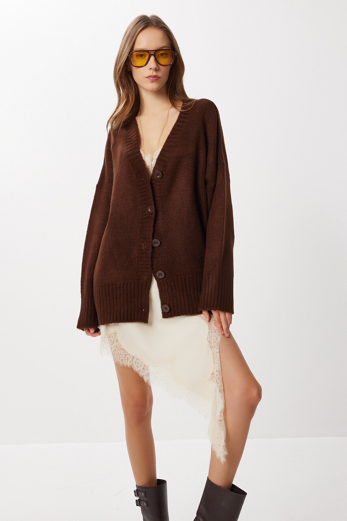Oversize Düz Örgü Triko Hırka KAHVERENGİ LNF0027