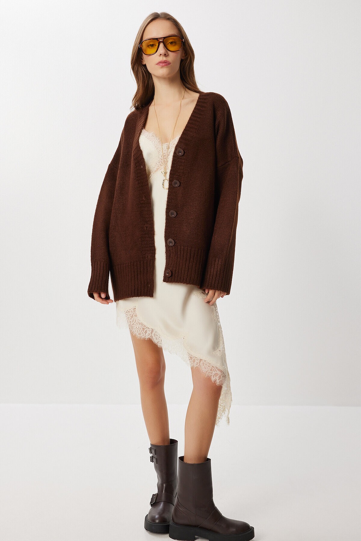 Oversize Düz Örgü Triko Hırka KAHVERENGİ LNF0027