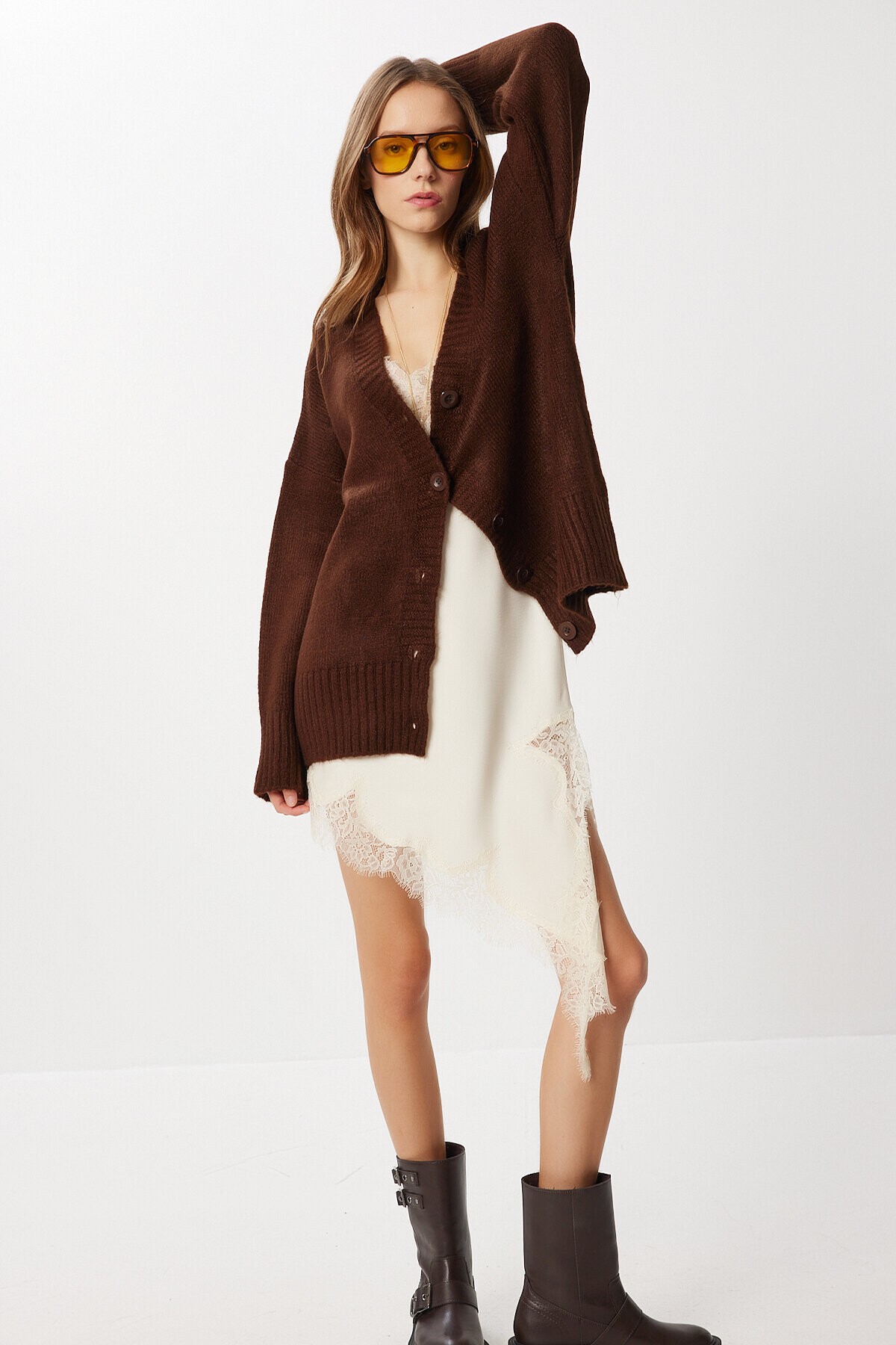 Oversize Düz Örgü Triko Hırka KAHVERENGİ LNF0027